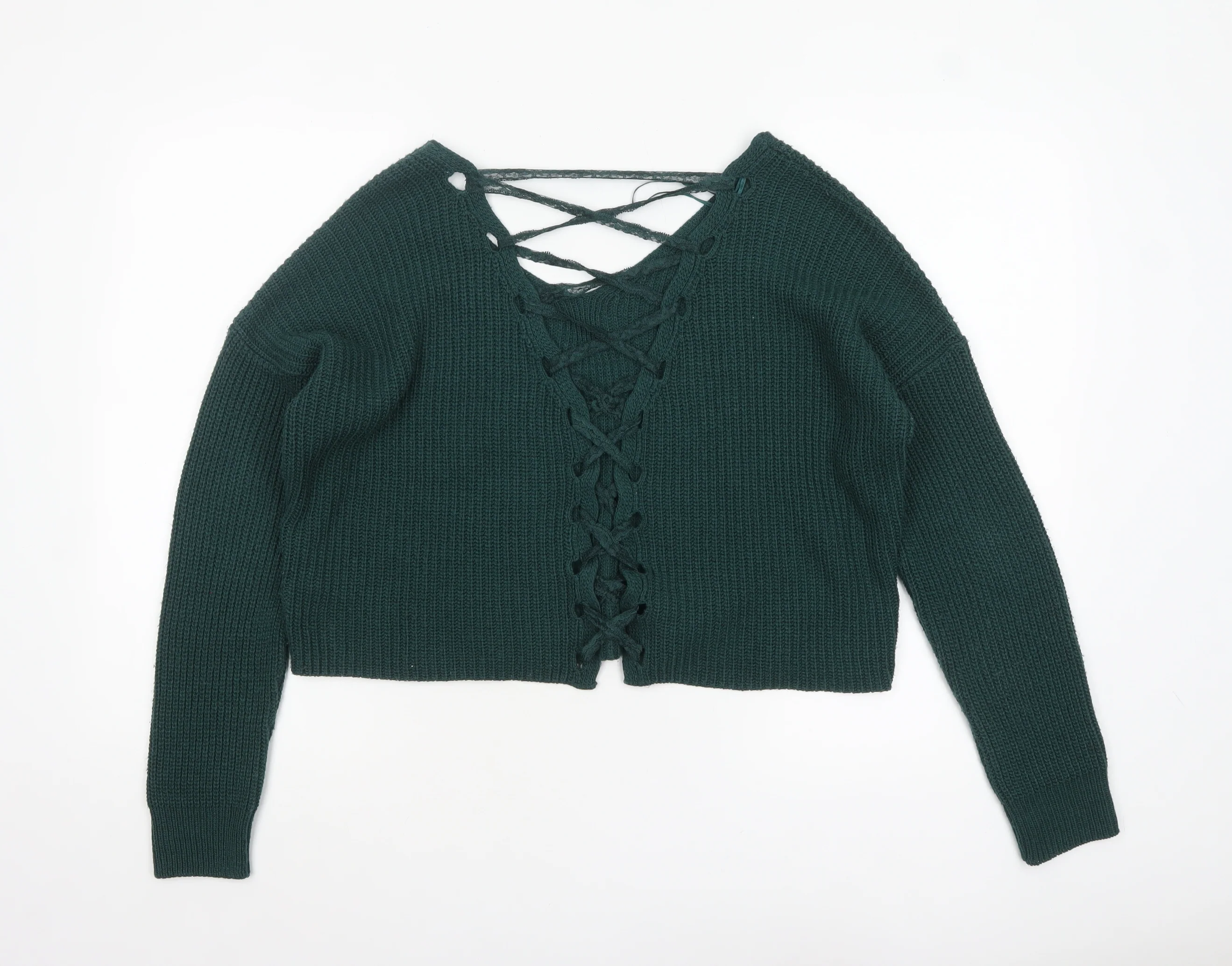 Miss Selfridge Women Green V-Neck Lace-Up Knit Jumper Size 8 - Image 3