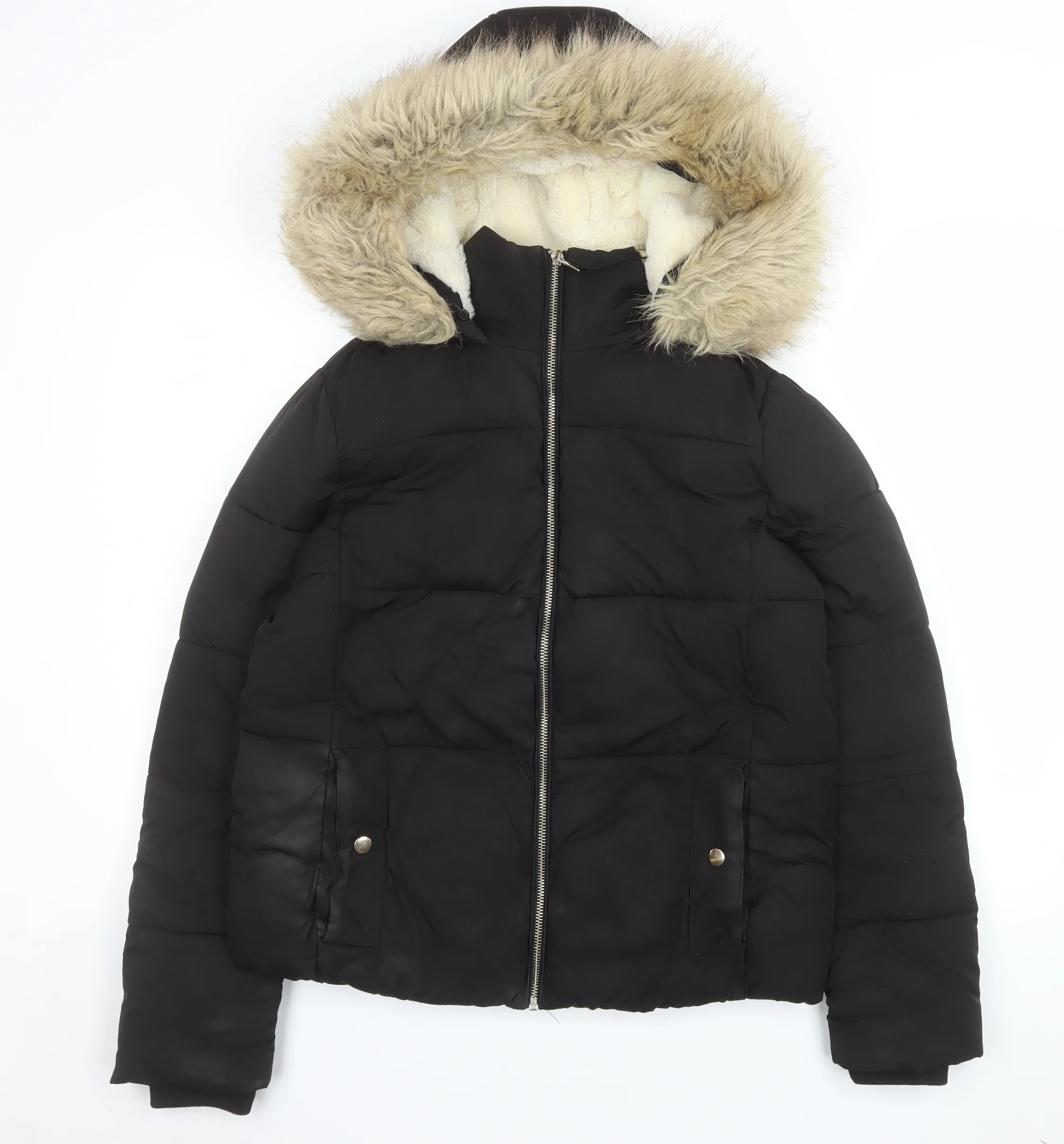 Miss Selfridge Women’s Black Faux Fur Hooded Puffer Jacket Size 8