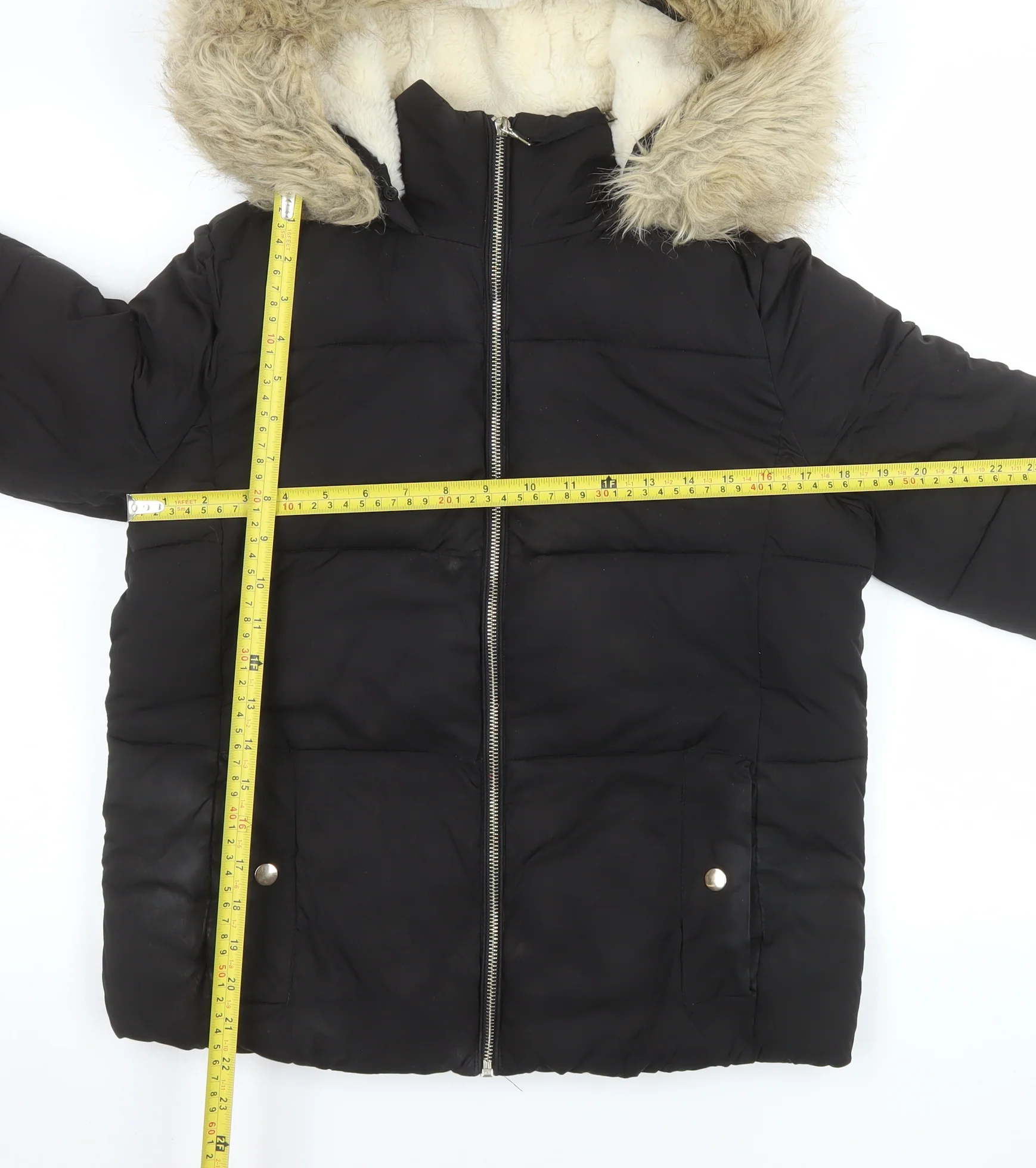 Miss Selfridge Women’s Black Faux Fur Hooded Puffer Jacket Size 8 - Image 2