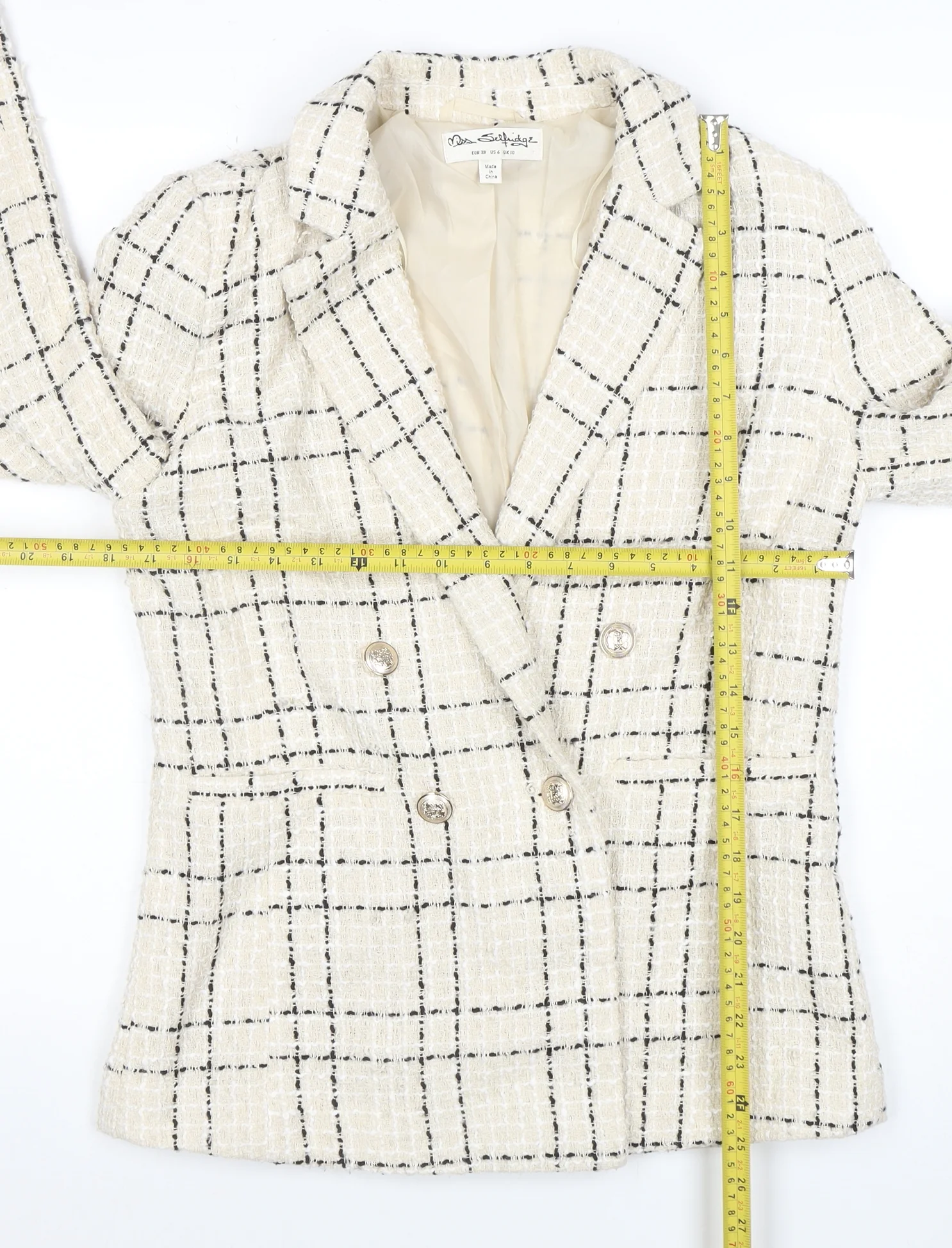 Miss Selfridge Women's Beige Black Check Tweed Double-Breasted Blazer UK 10 - Image 2