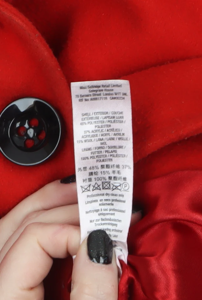 Miss Selfridge Womens Red Wool Blend Long Overcoat Size 10 - Image 4