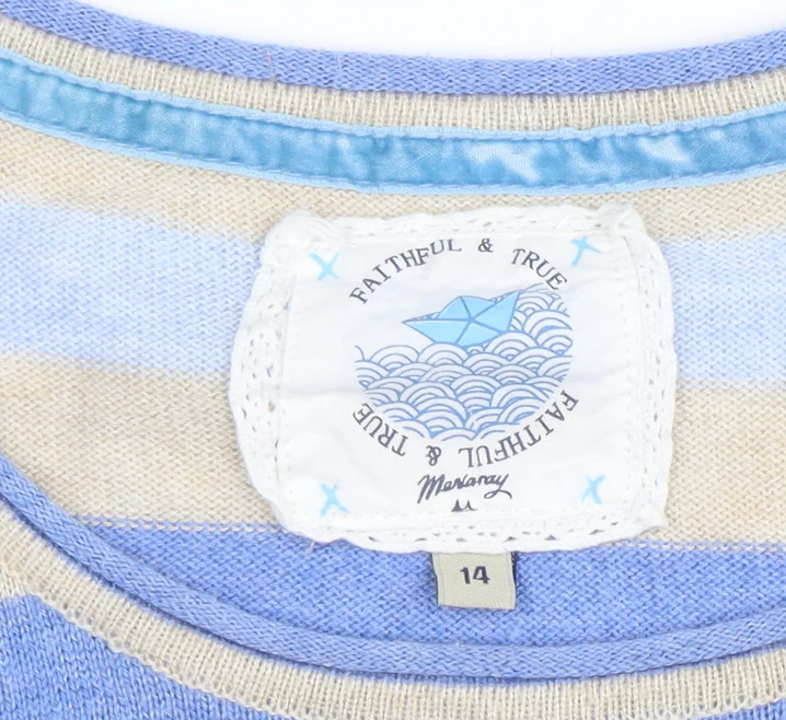Mistral Women’s Blue Stripe Linen Cotton Jumper Size 14 Crew Neck - Image 4