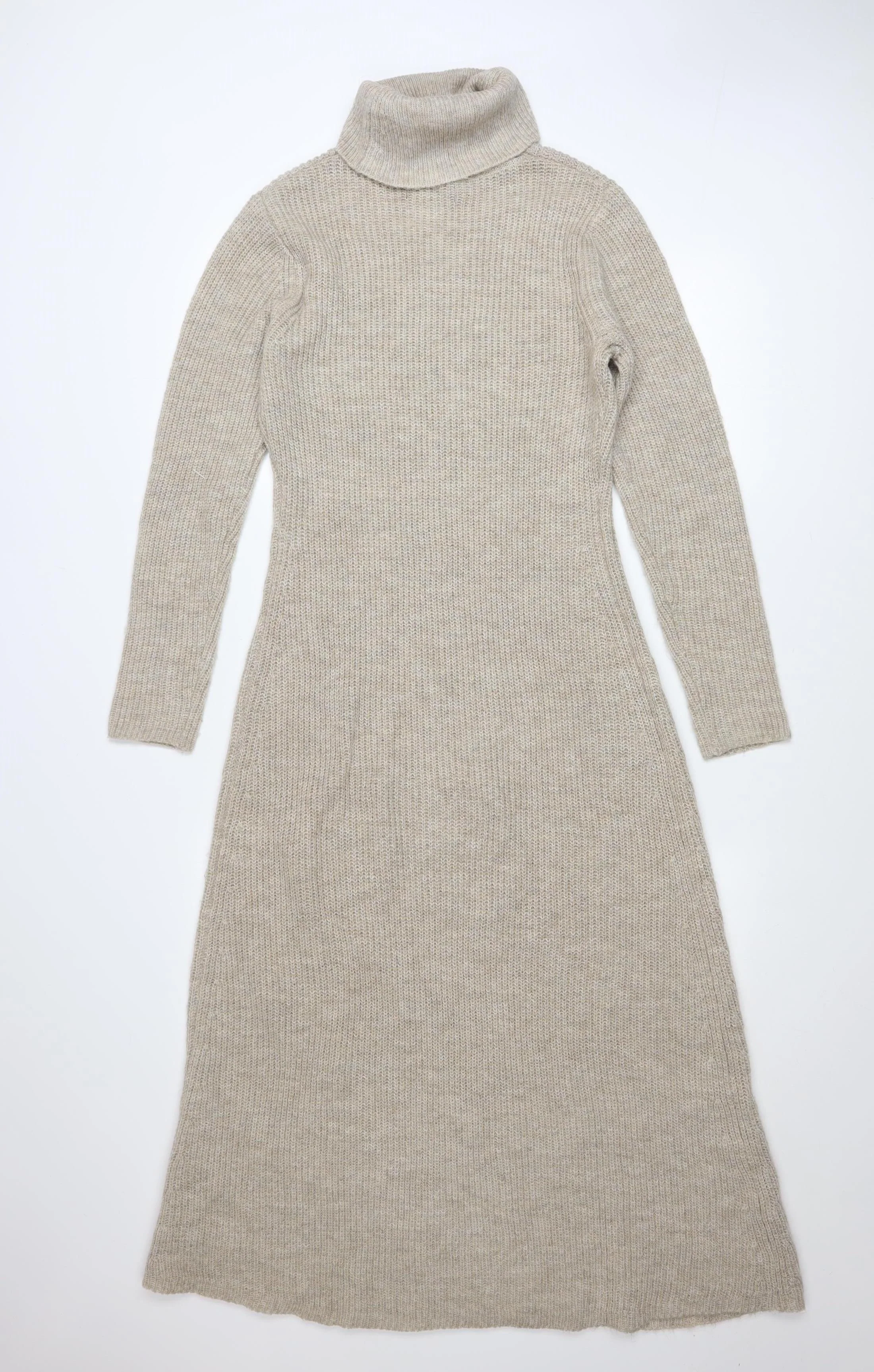 MNG Women Beige Knit Roll Neck Long Sleeve Midi Jumper Dress M - Image 3