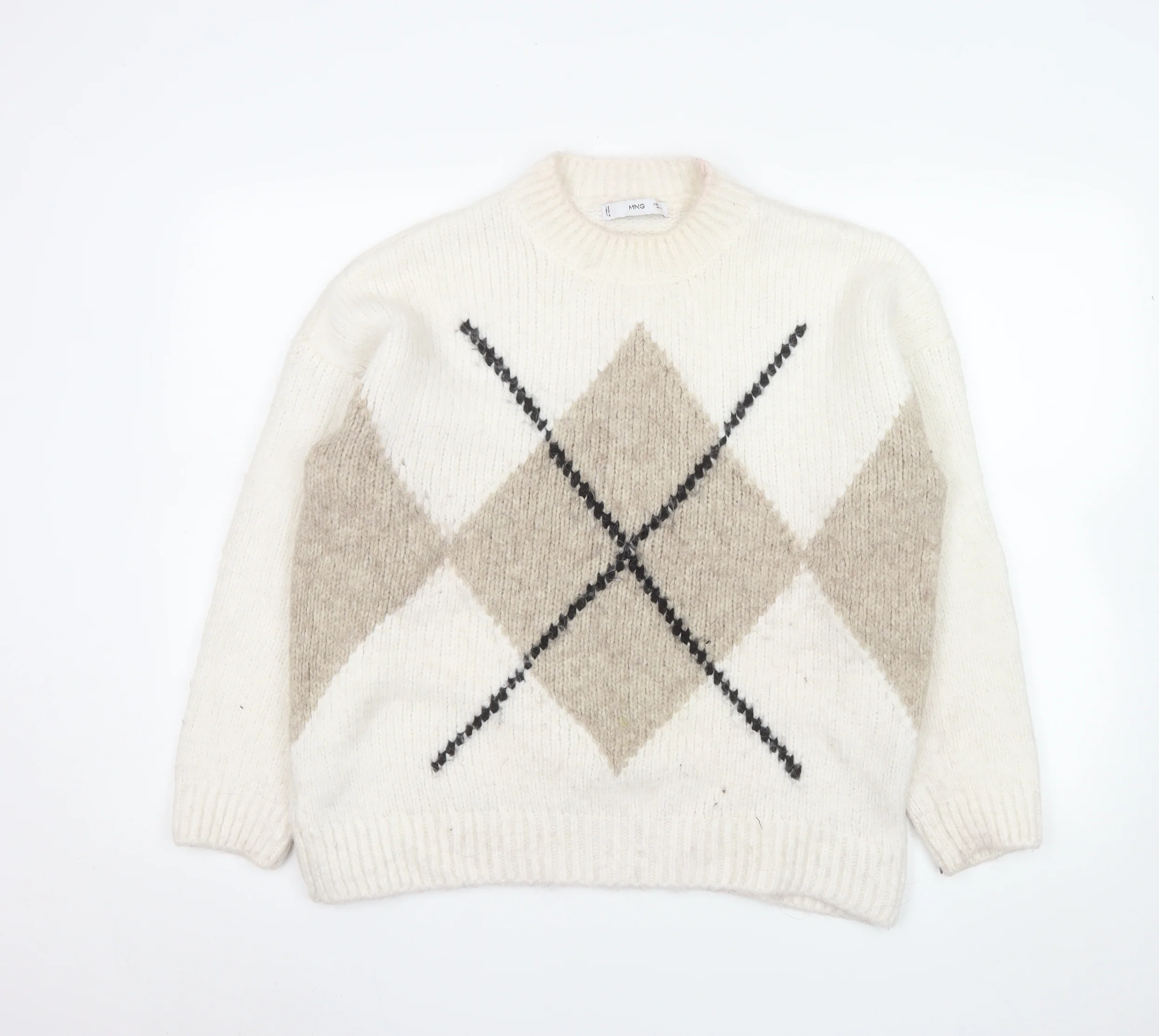 MNG Women's Beige Argyle Wool Blend Pullover Jumper Size L