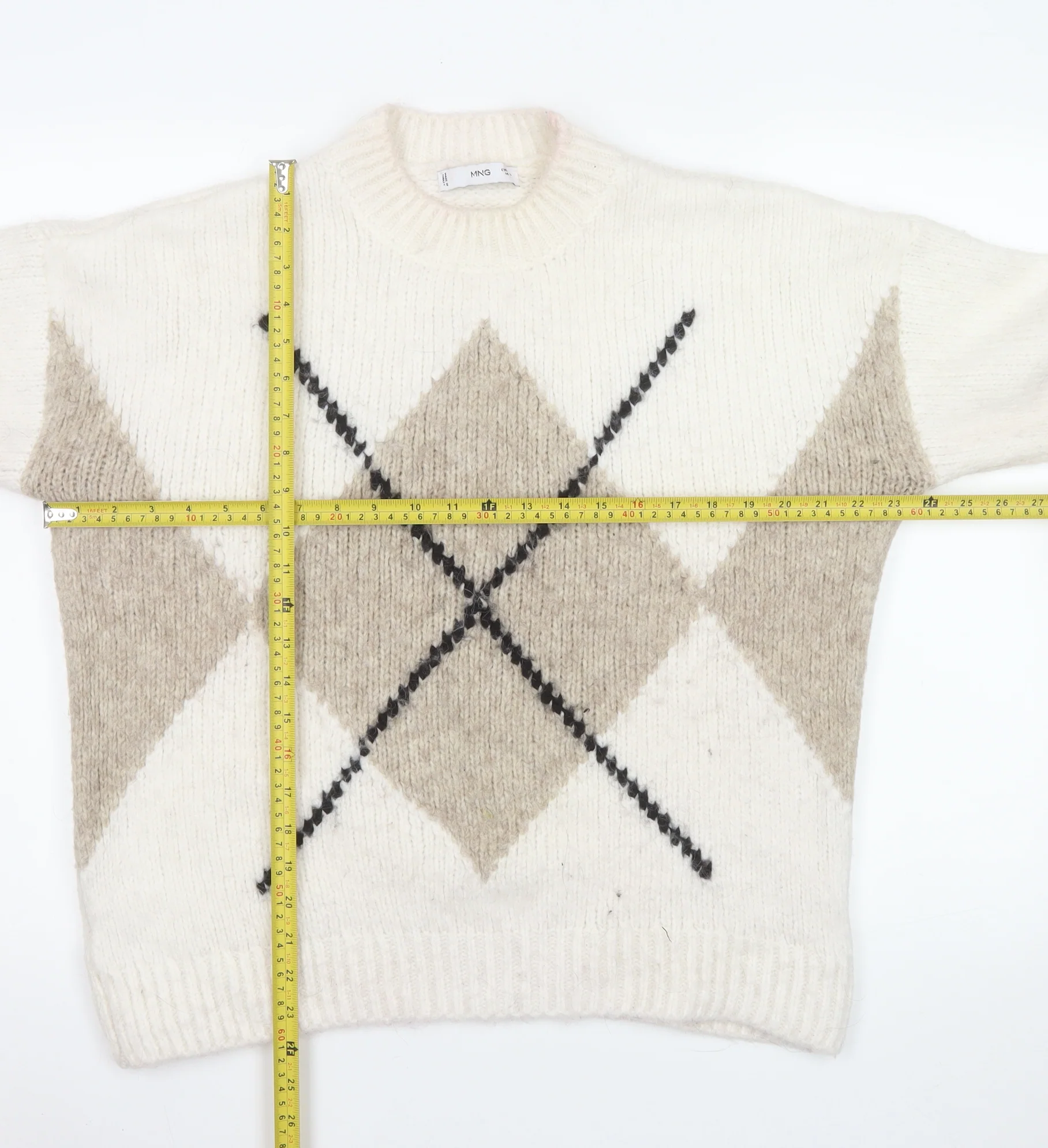 MNG Women's Beige Argyle Wool Blend Pullover Jumper Size L - Image 2