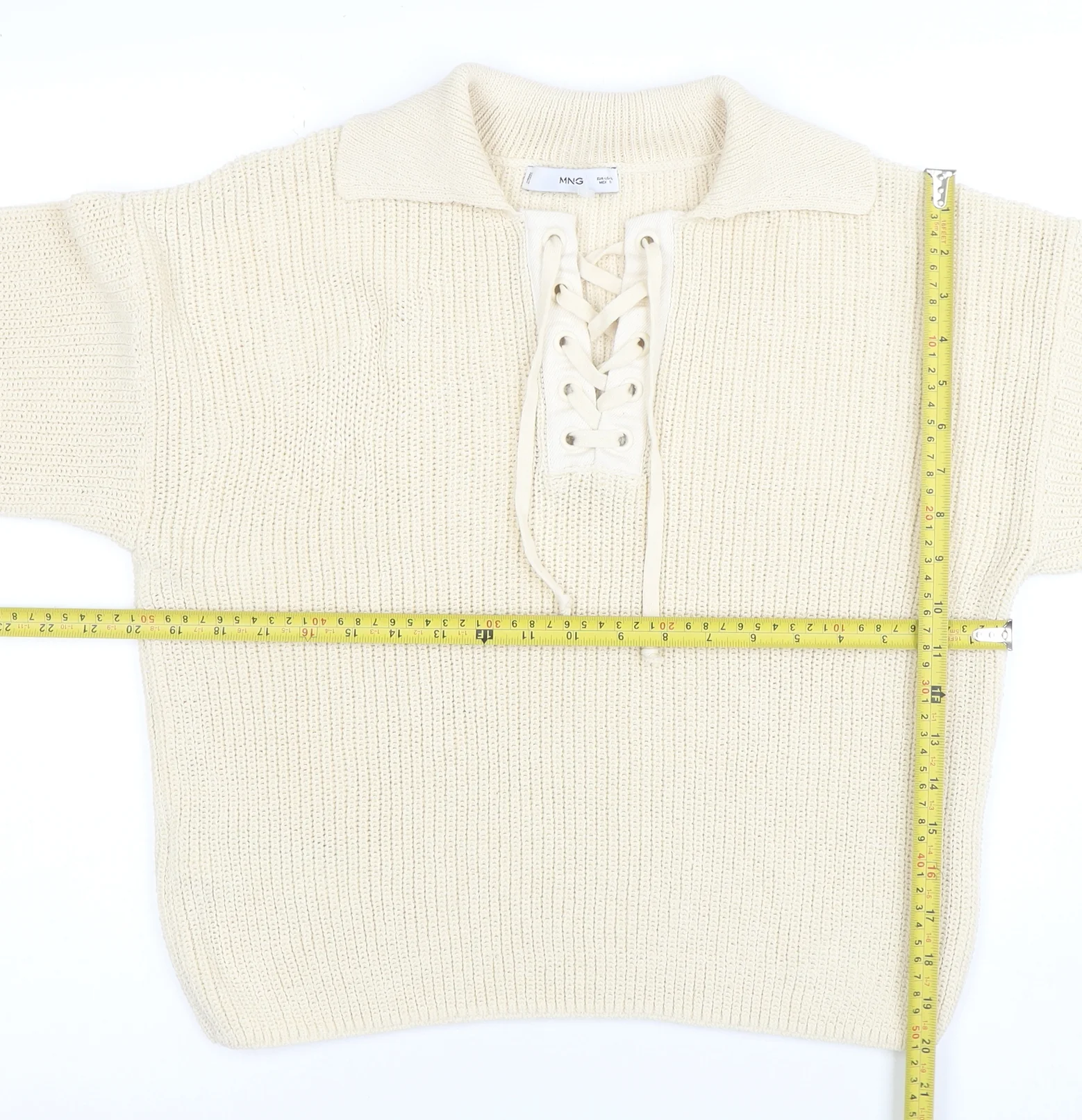 MNG Womens Ivory Collared Lace-Up Henley Knit Jumper Size L - Image 2