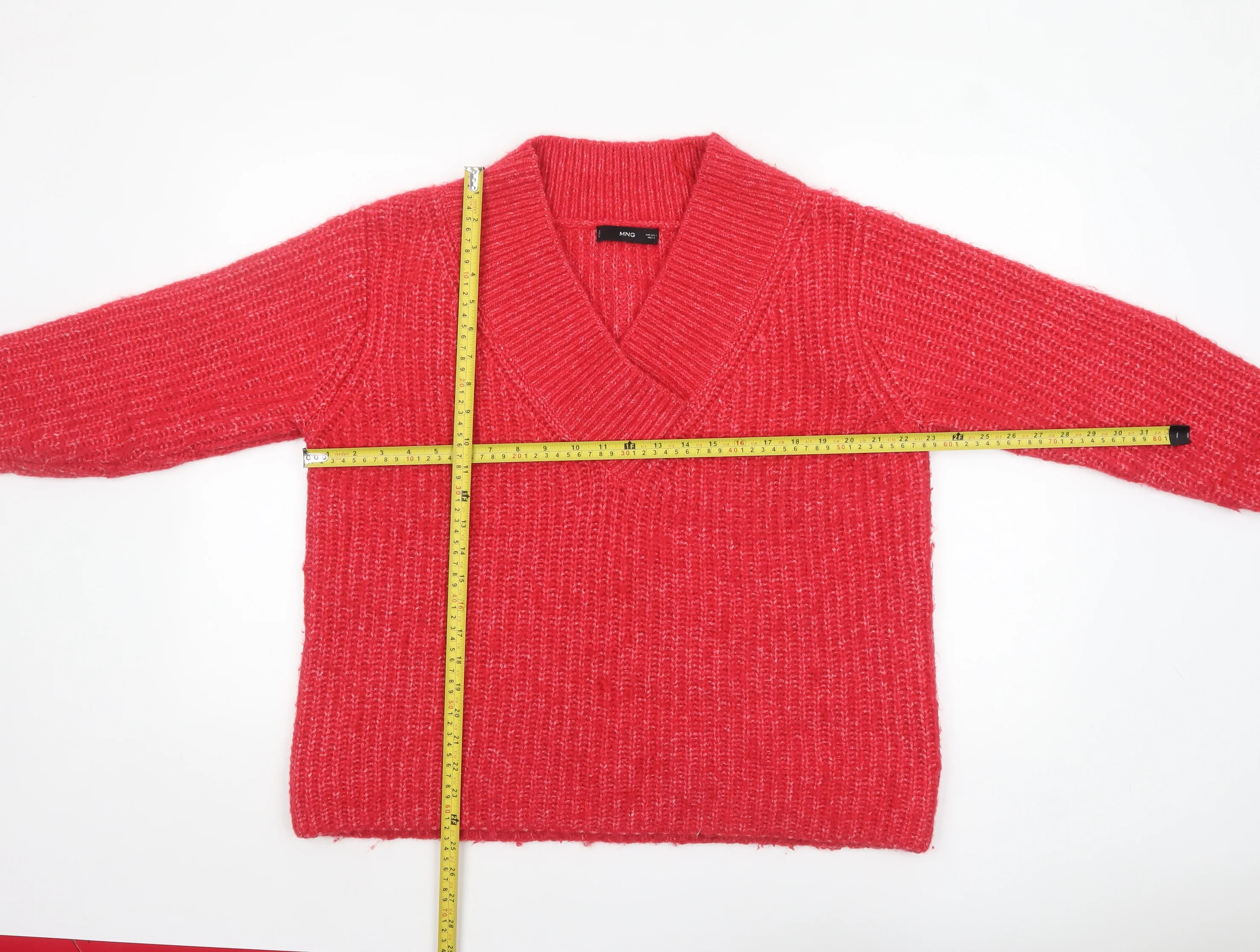 MNG Women's Red V-Neck Chunky Knit Wool Blend Jumper Size L - Image 2