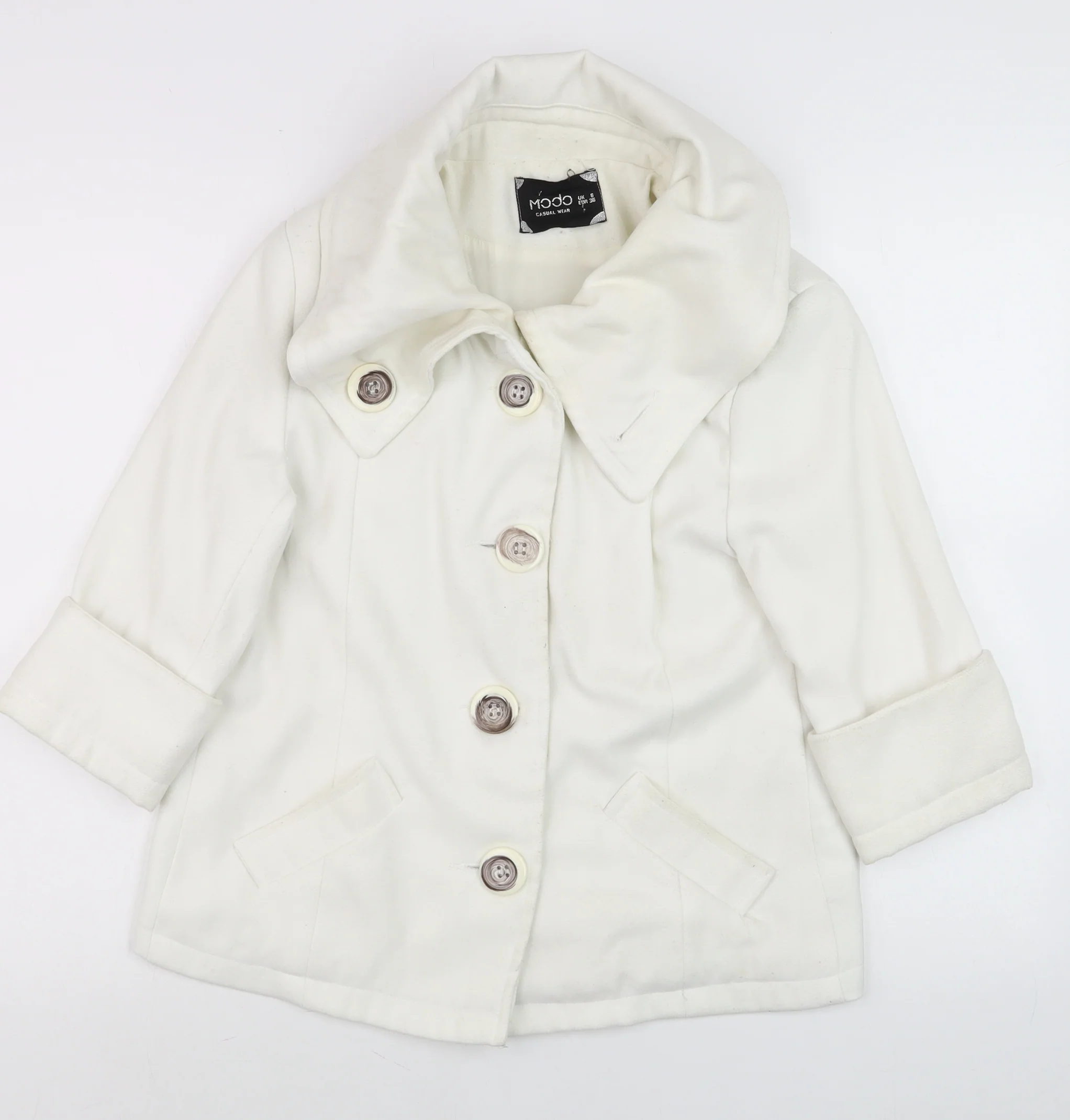 Modo Women Ivory Short Pea Coat Size 6 Classic Button Wool Blend