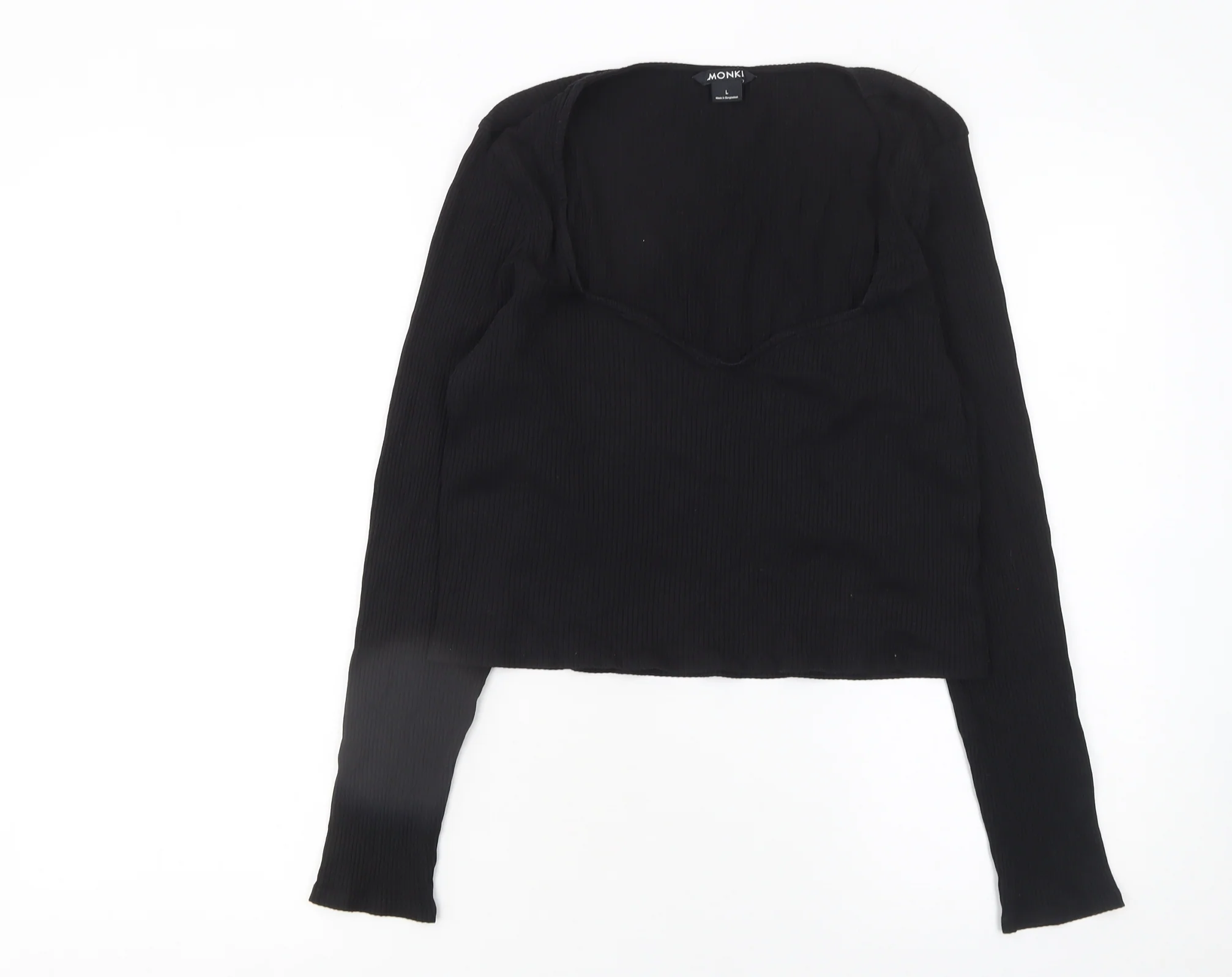 Monki Women’s Black Cropped Long Sleeve Sweetheart Top Size L Cotton Blend