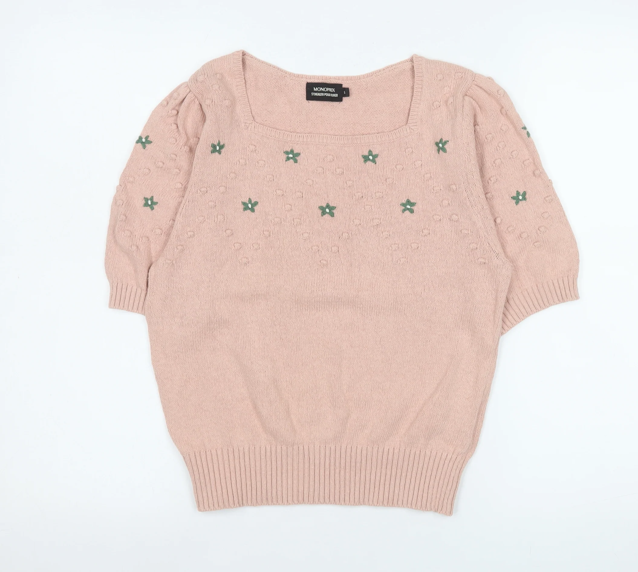 Monoprix Women's Pink Square Neck Short Puff Sleeve Cotton Jumper Size S