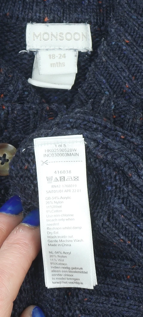 Monsoon Blue Cable Knit Shawl Collar Baby Jumper 18-24 Months - Image 4