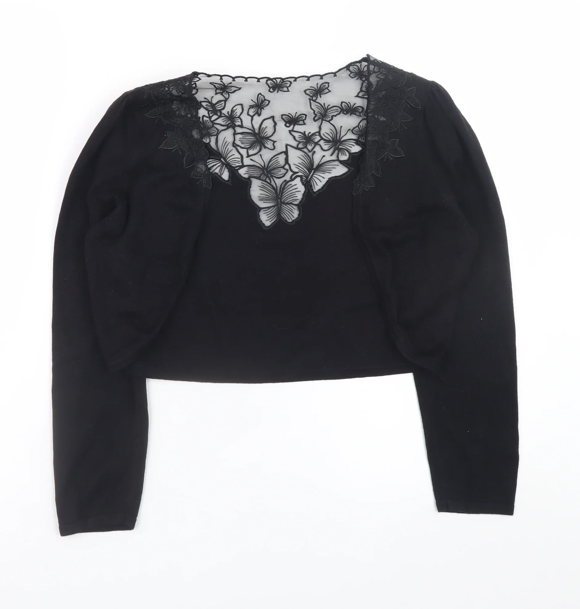 Monsoon Women Black Butterfly Embroidered V-Neck Long Sleeve Cardigan Size 10
