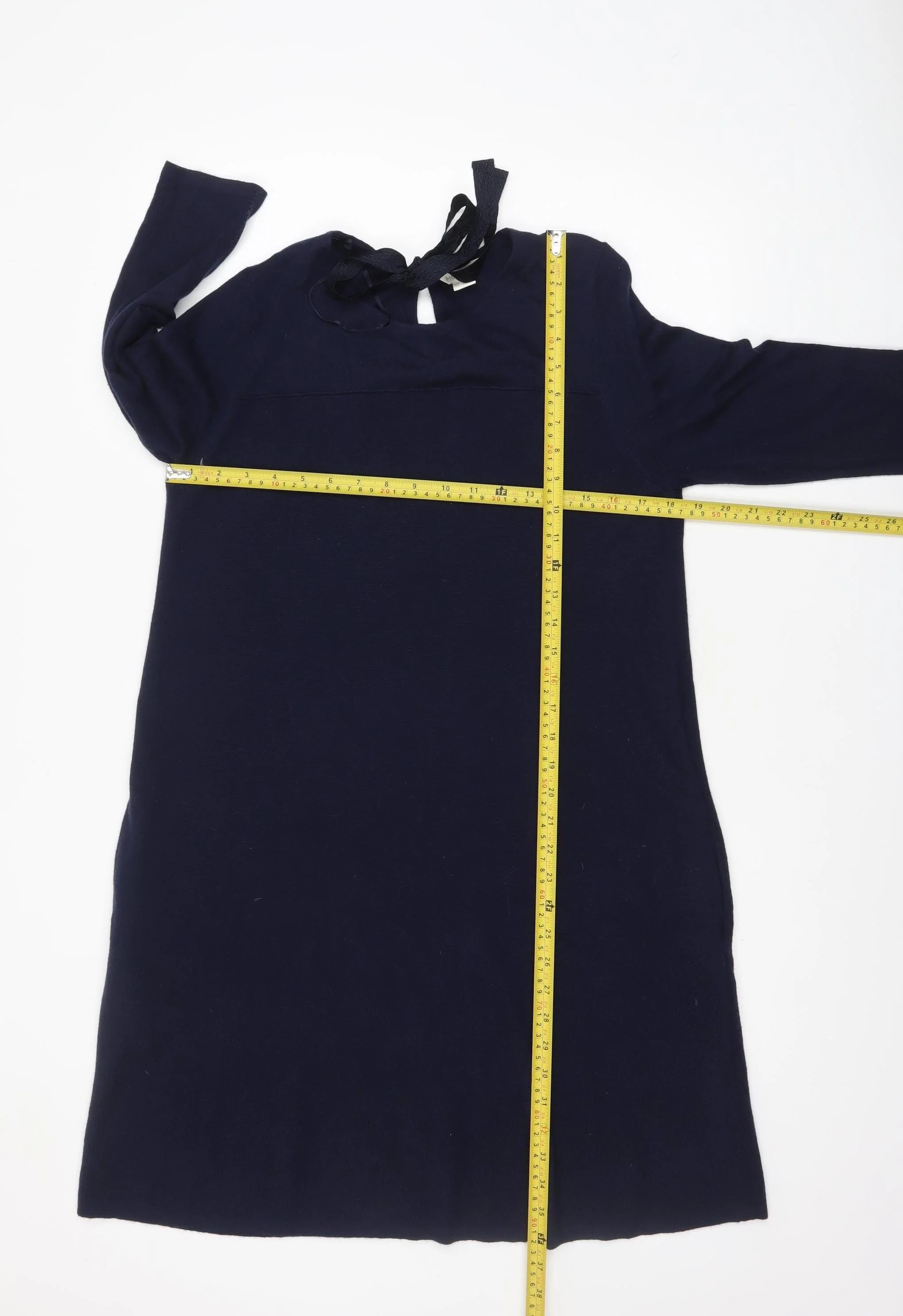 Monsoon Women Blue Size 14 Knit Shift Dress 3/4 Sleeve Bow Tie Back - Image 2