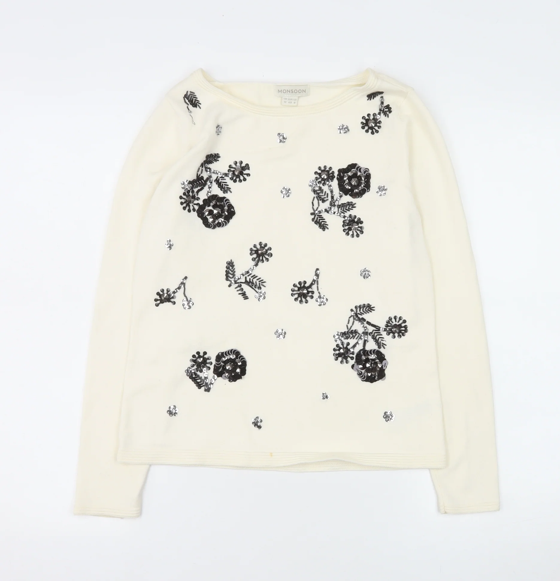 Monsoon Women Ivory Sequin Floral Knit Long Sleeve Blouse UK 12
