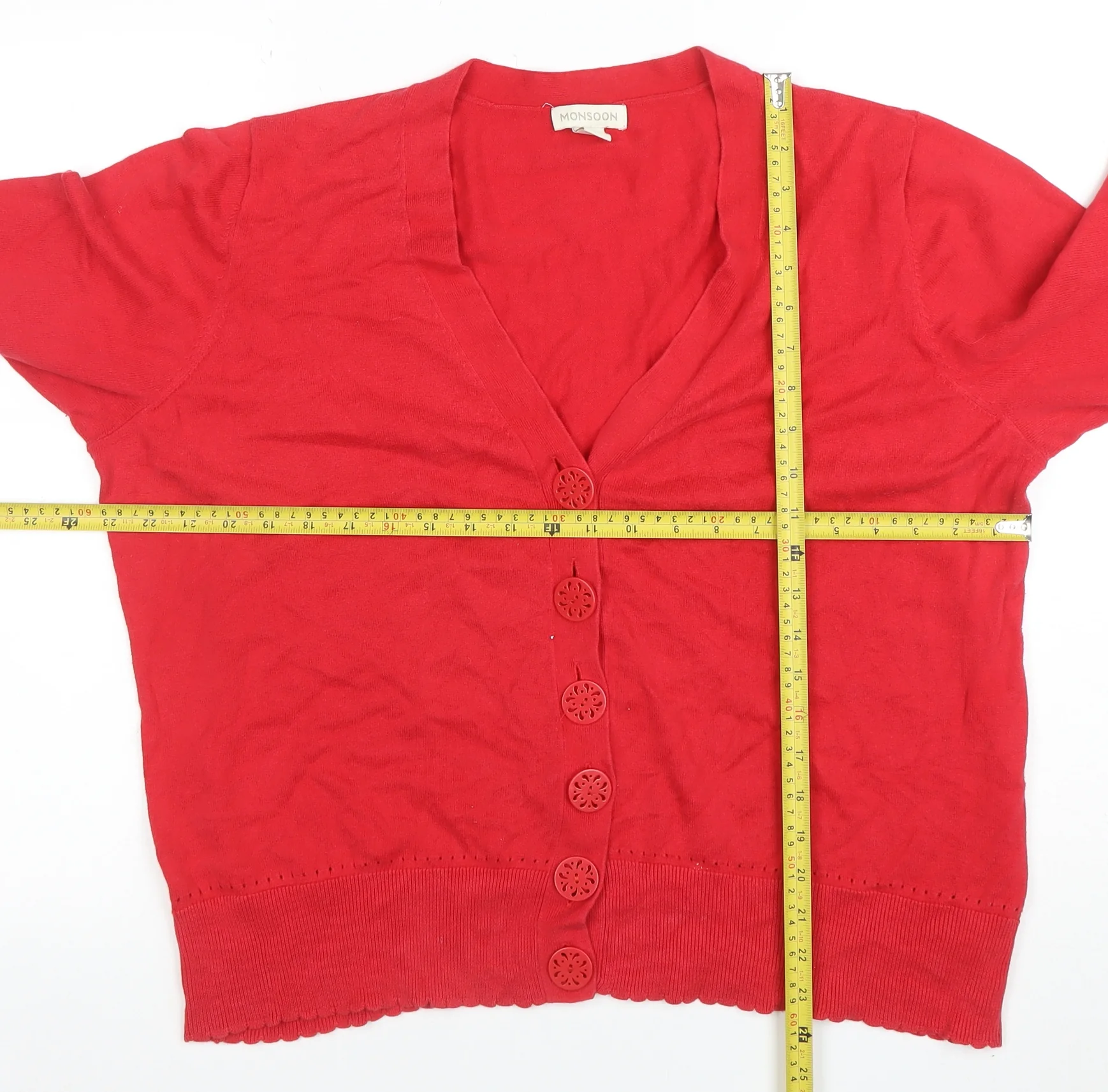 Monsoon Women Red Cotton V-Neck Short Sleeve Cardigan Size 16 - Image 2