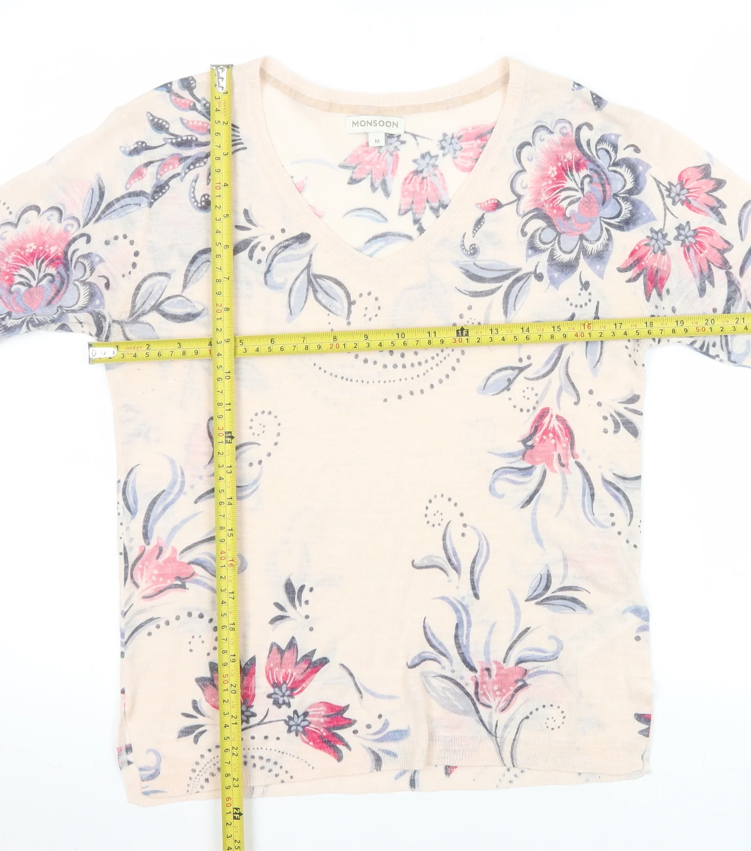 Monsoon Womens Beige Floral V-Neck Short Sleeve T-Shirt M - Image 2