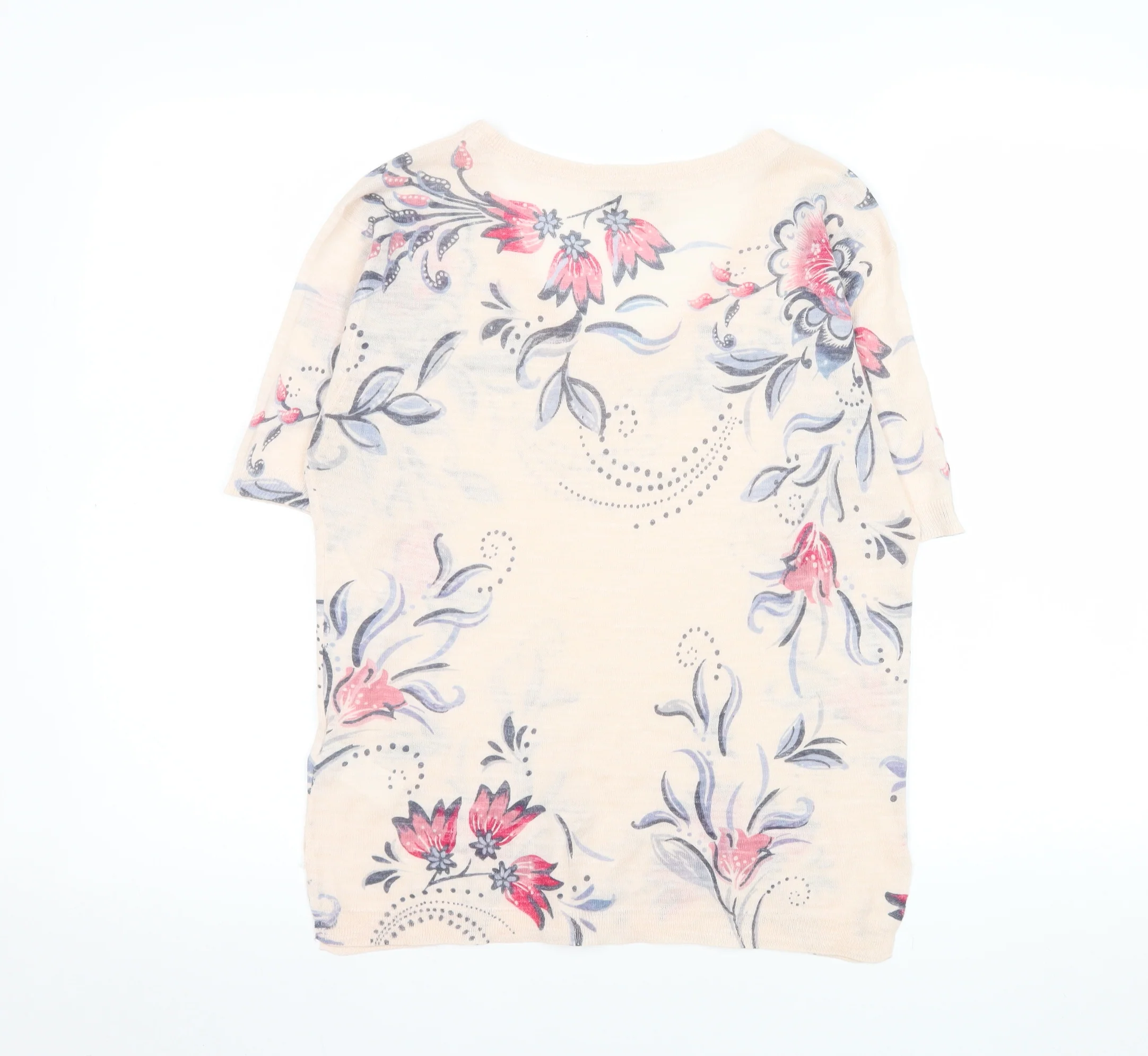 Monsoon Womens Beige Floral V-Neck Short Sleeve T-Shirt M - Image 3