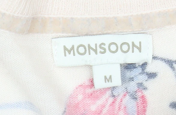 Monsoon Womens Beige Floral V-Neck Short Sleeve T-Shirt M - Image 4