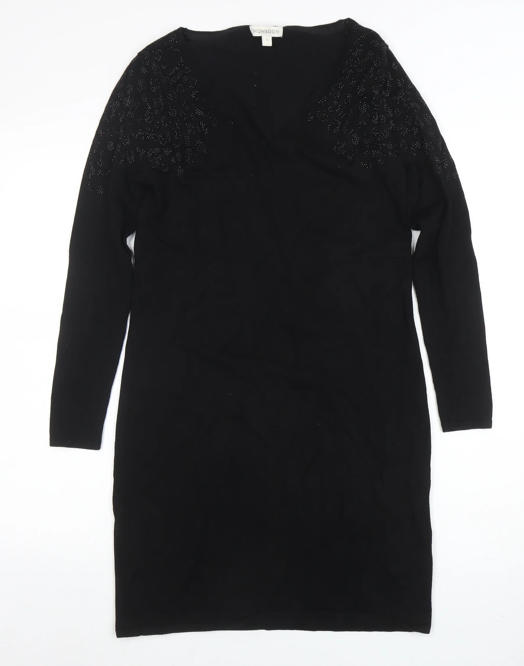 Monsoon Womens Black Beaded Knit Bodycon Dress Size S Long Sleeve