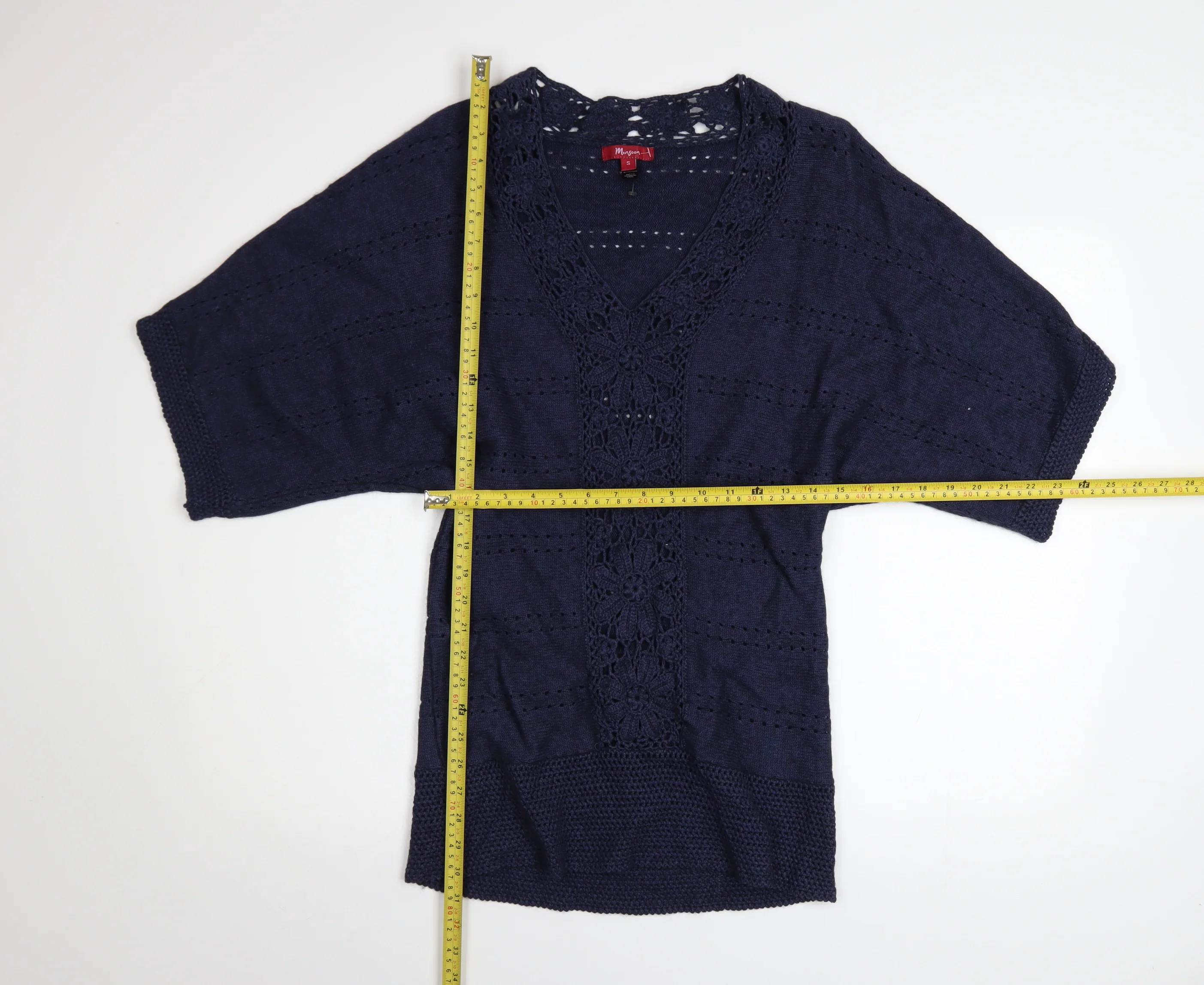 Monsoon Women's Blue Crochet Knit V-Neck Short Sleeve Jumper Size S - Image 2