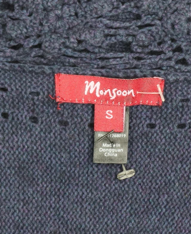 Monsoon Women's Blue Crochet Knit V-Neck Short Sleeve Jumper Size S - Image 4