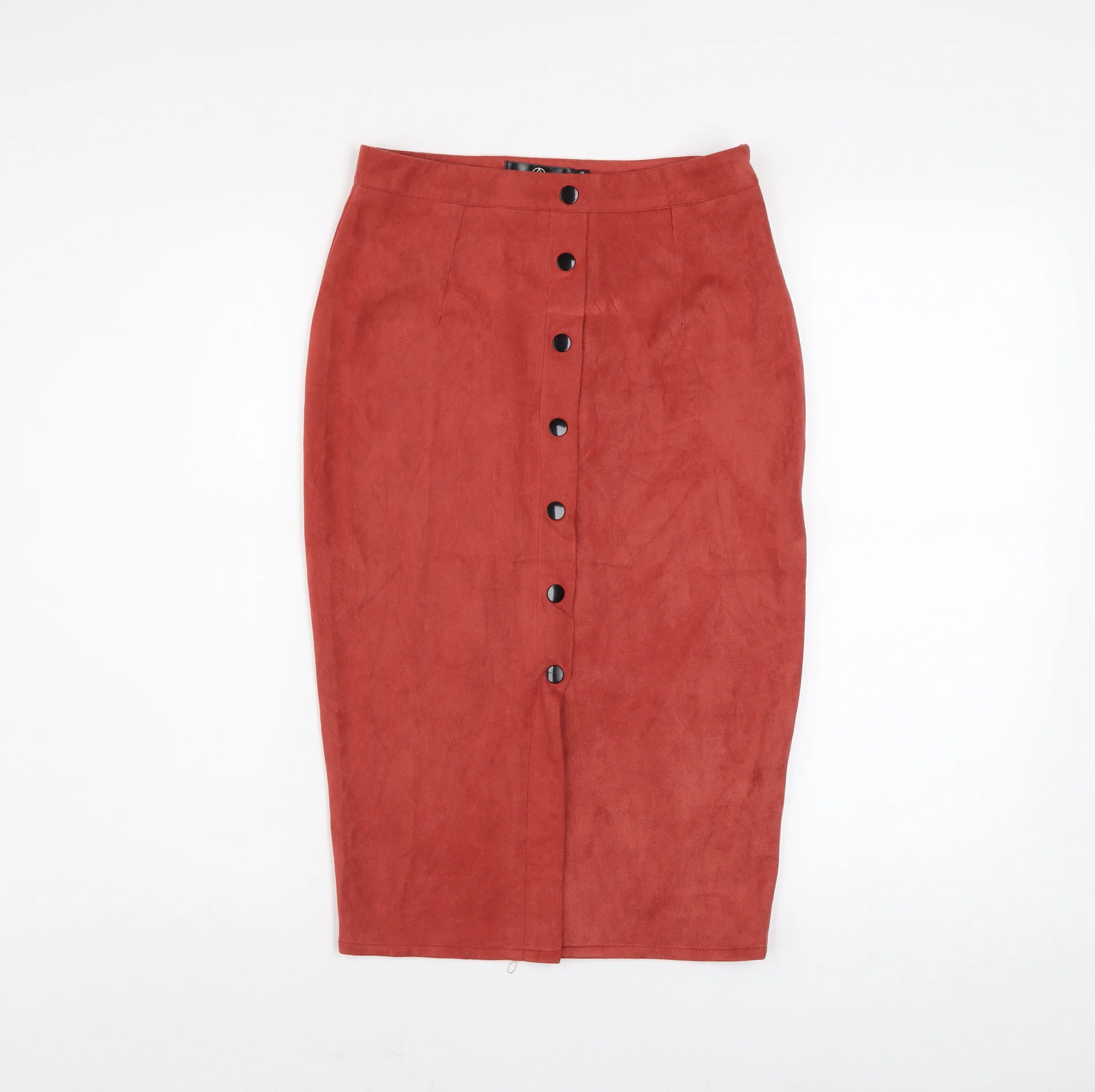 Motel Women’s Red Suede Midi Pencil Skirt UK 8 Button Front