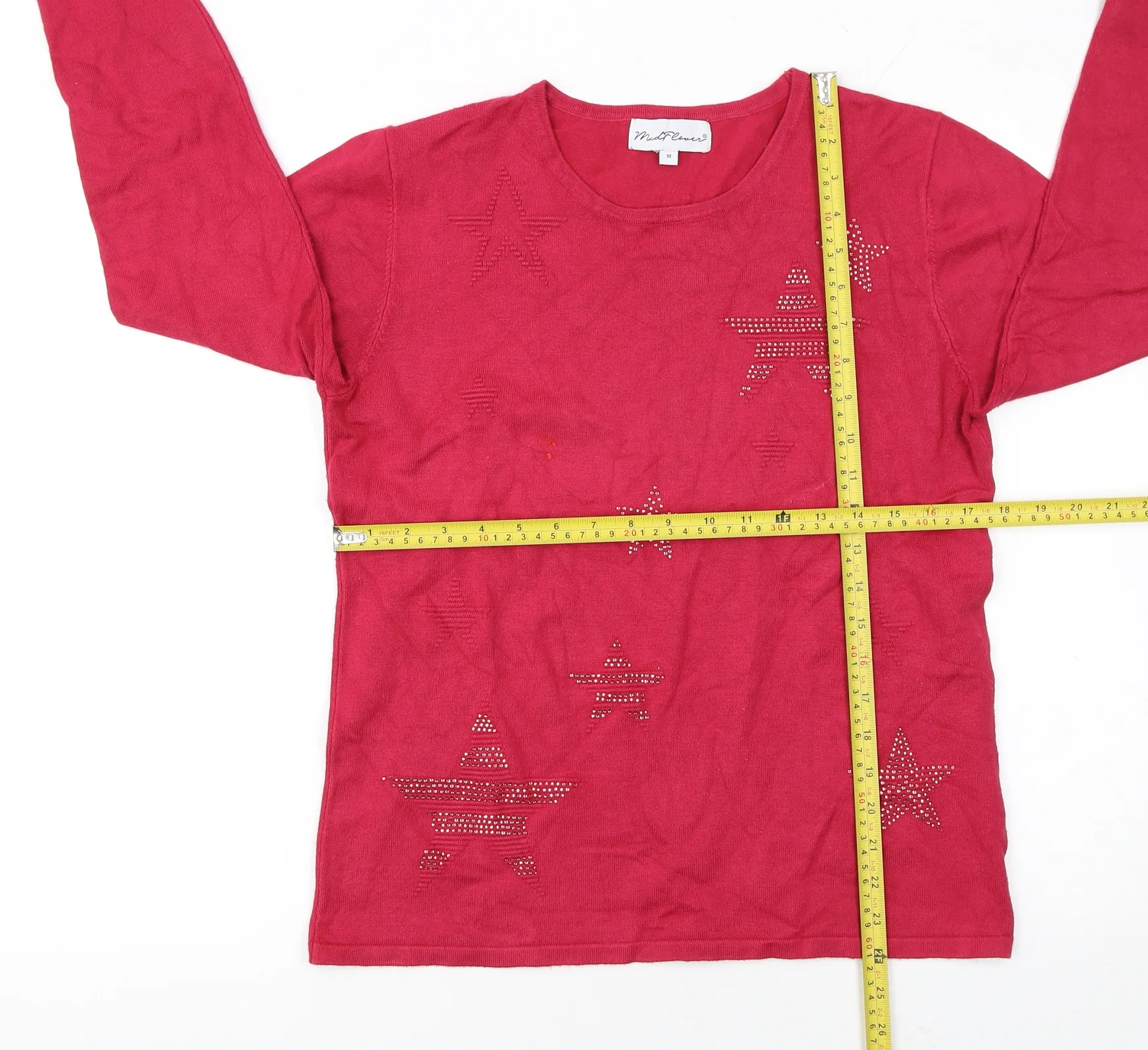 Mudflower Womens Red Star Beaded Long Sleeve Pullover Jumper M - Image 2