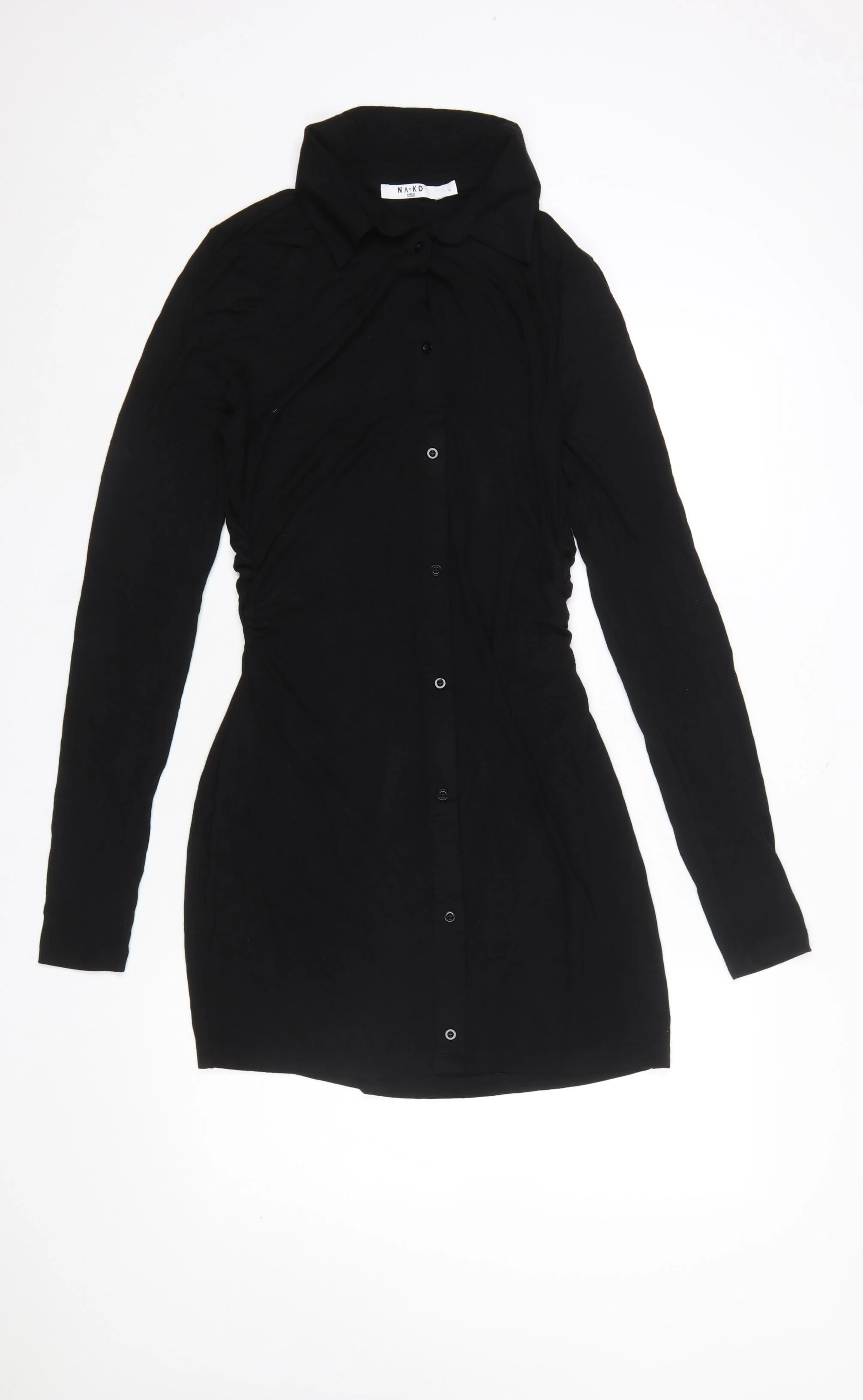 NA-KD Women Black Long Sleeve Collared Shirt Dress L