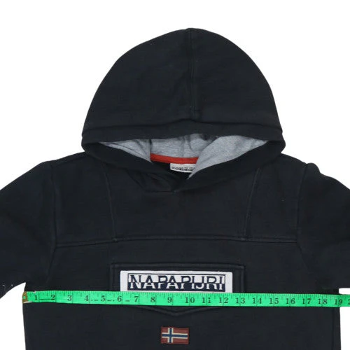 Napapijri Boys Black Pullover Hoodie 16 Years Fleece Lined Logo Top - Image 2