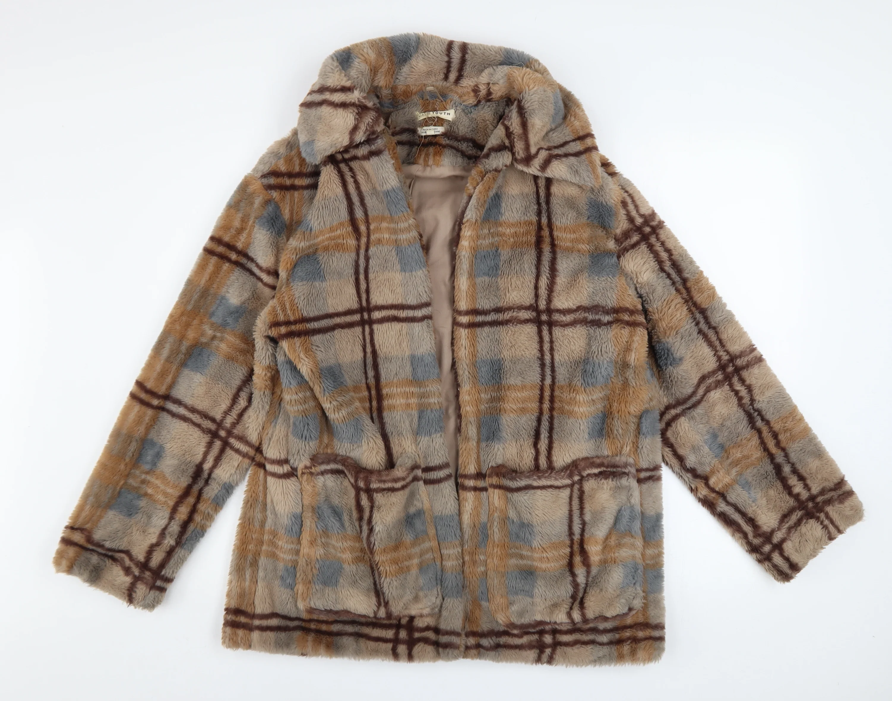 Native Youth Women’s Beige Check Faux Fur Coat XS