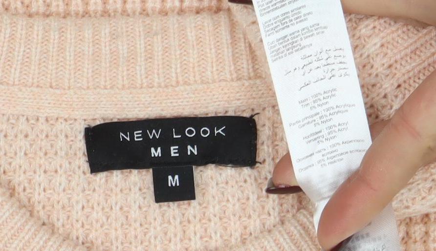 New Look Men Beige Waffle-Knit Crew Neck Jumper Size M - Image 4