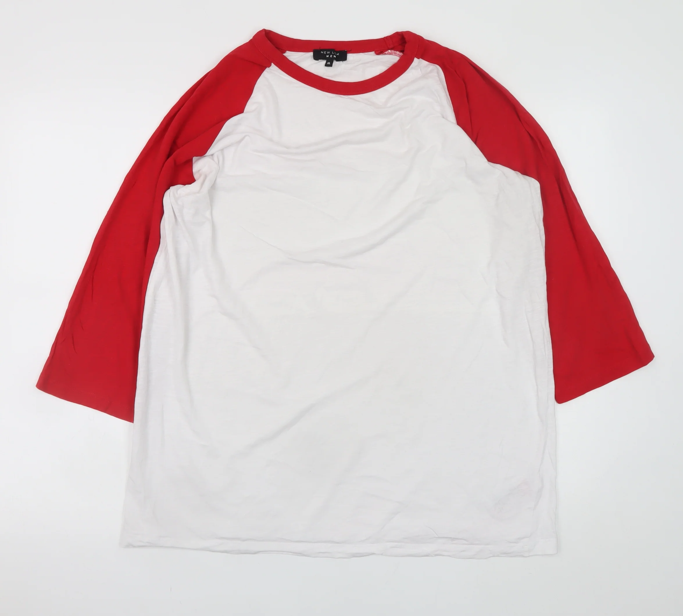New Look Men’s White Red 3/4 Sleeve Crew Neck Cotton T-Shirt XL