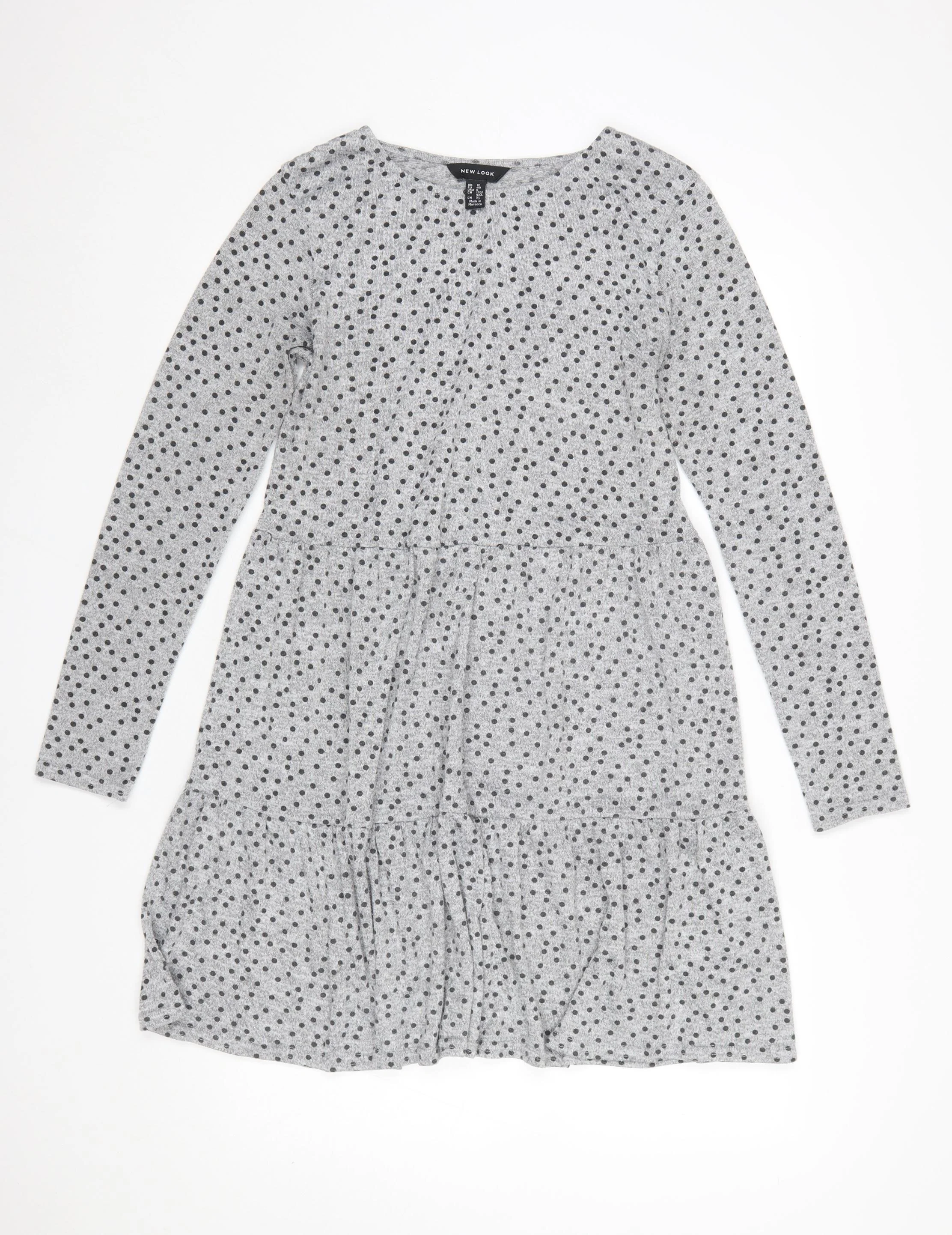 New Look Women Grey Polka Dot Skater Dress Size 12 Long Sleeve