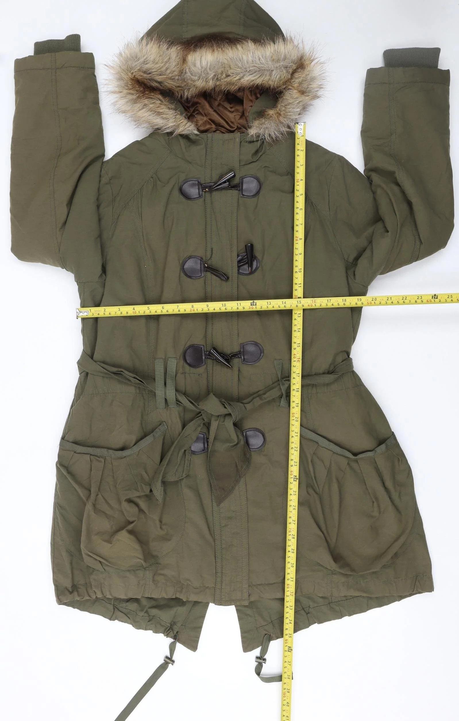 New Look Women’s Green Fur Trim Hooded Parka Coat Size 16 - Image 2