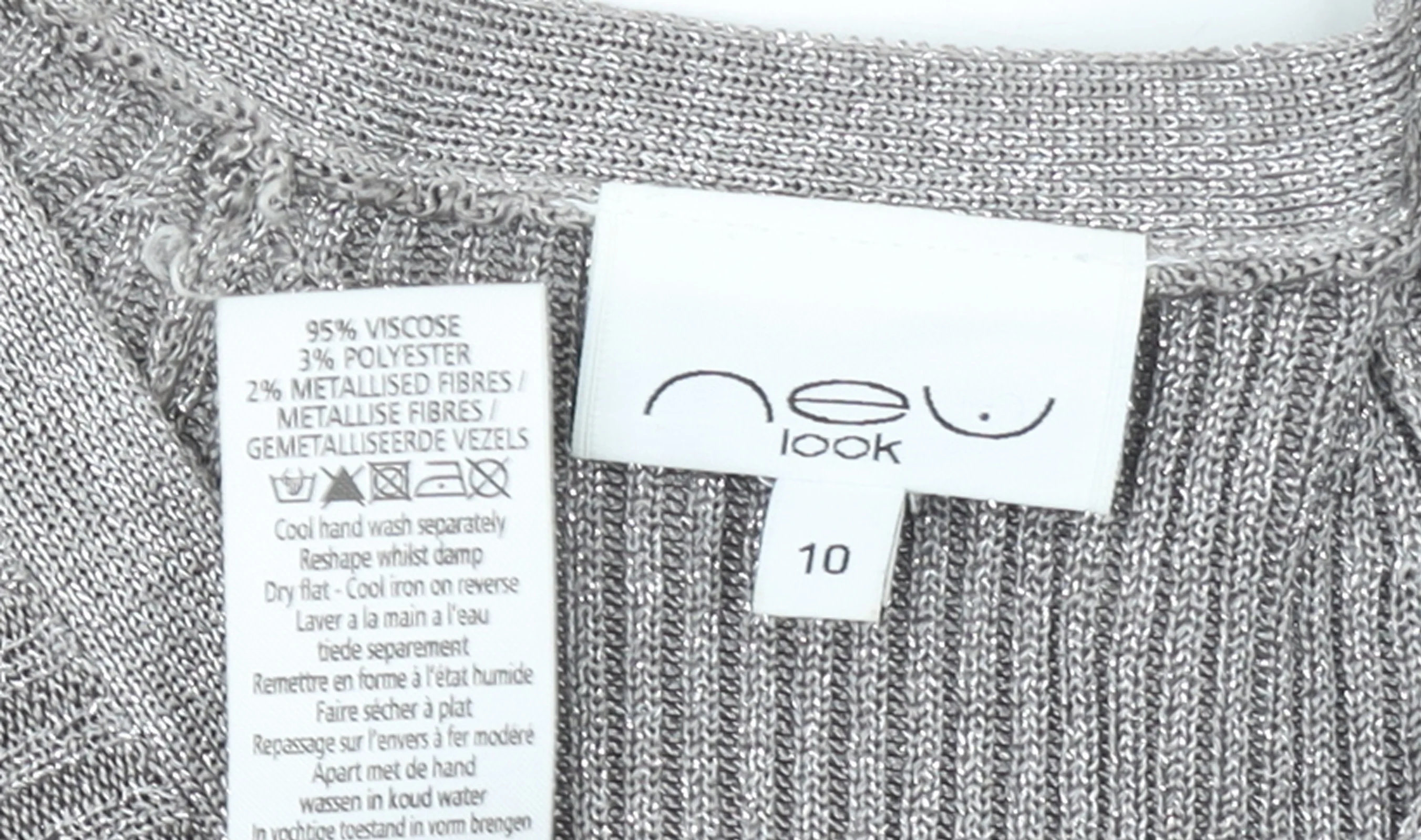 New Look Women’s Grey Metallic Knit V-Neck Shift Dress Size 10 - Image 4