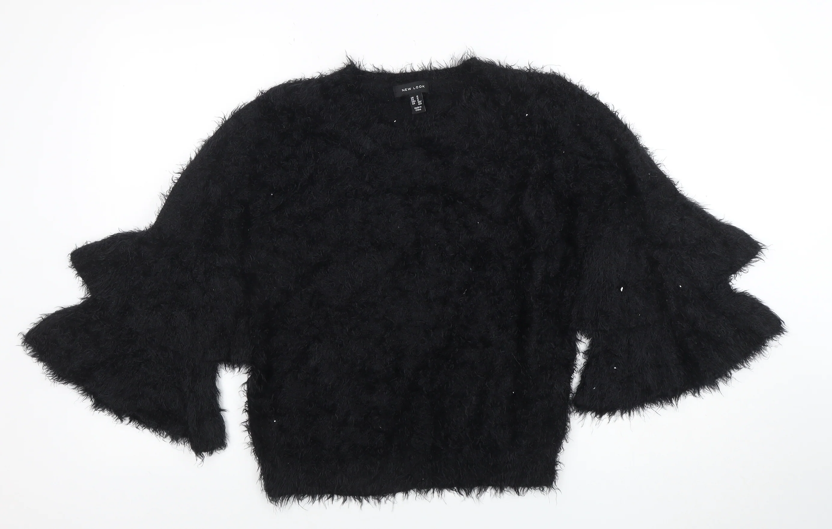 New Look Women's Black Flared Sleeve Fuzzy Pullover Jumper Size M