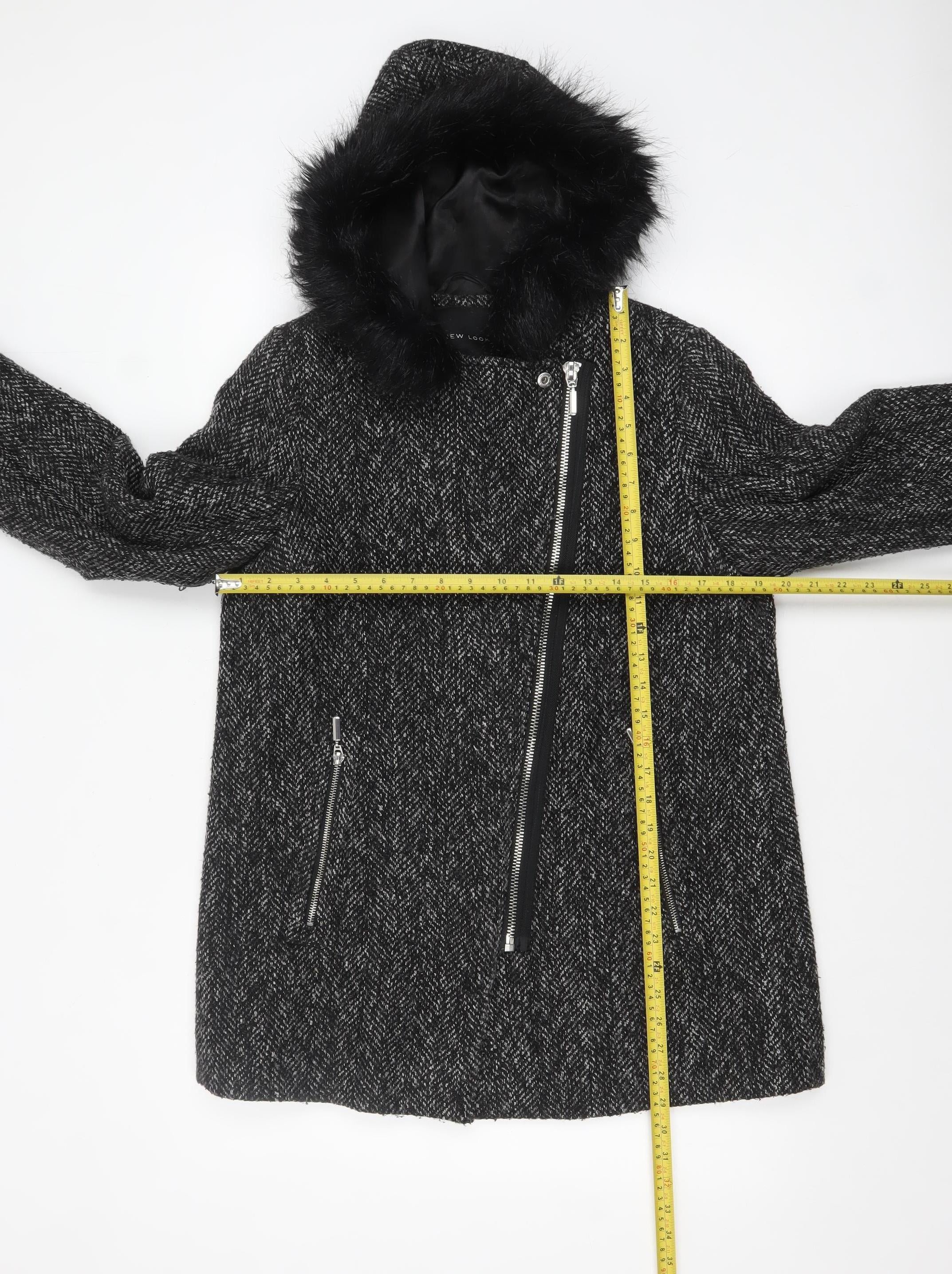New Look Women's Black Wool Blend Faux Fur Hooded Coat Size 12 - Image 2
