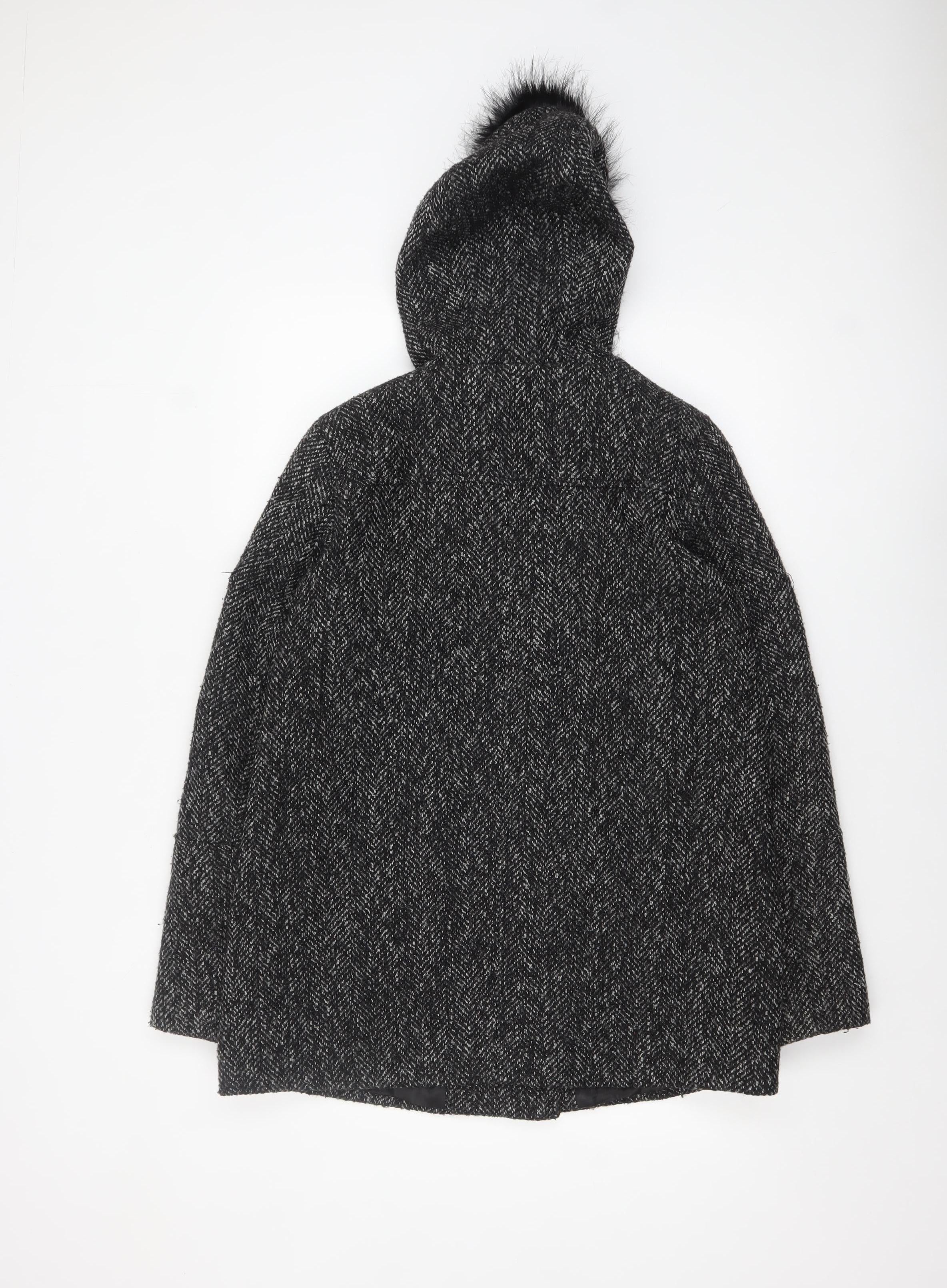 New Look Women's Black Wool Blend Faux Fur Hooded Coat Size 12 - Image 3