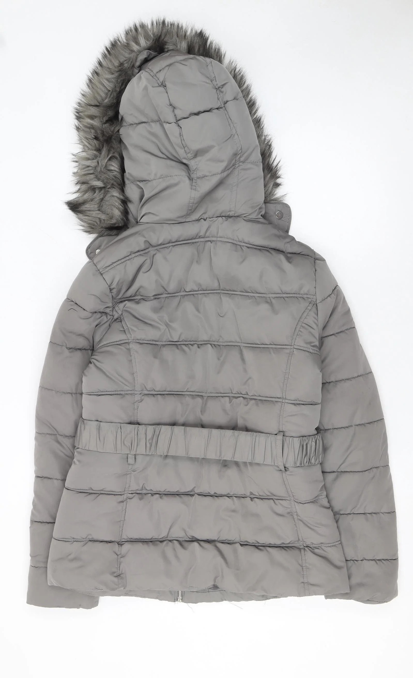 New Look Women's Grey Faux Fur Hooded Belted Puffer Jacket Size 10 - Image 3