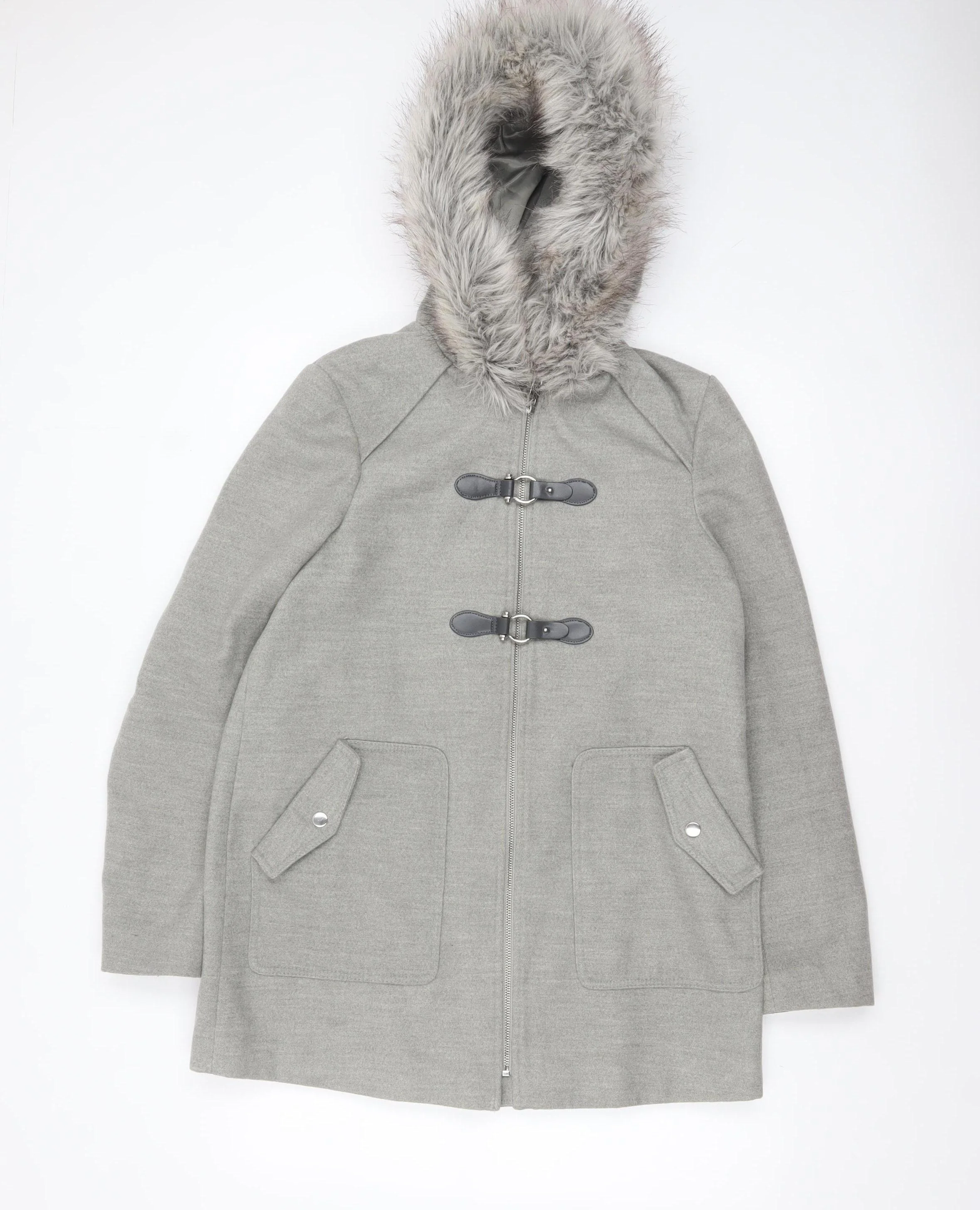 New Look Women's Grey Faux Fur Hooded Duffle Coat Size 10