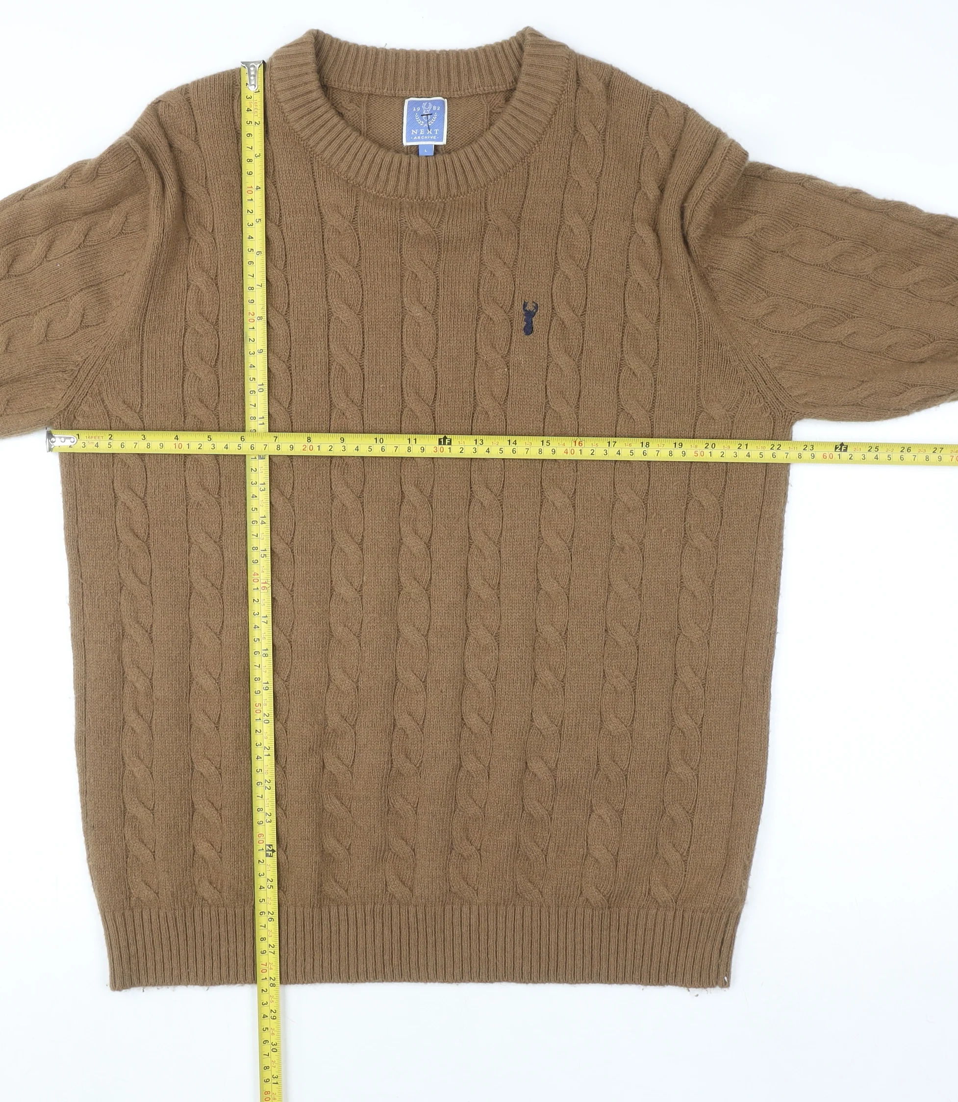 Next Men Brown Cable-Knit Crew Neck Jumper L Wool Blend Pullover - Image 2