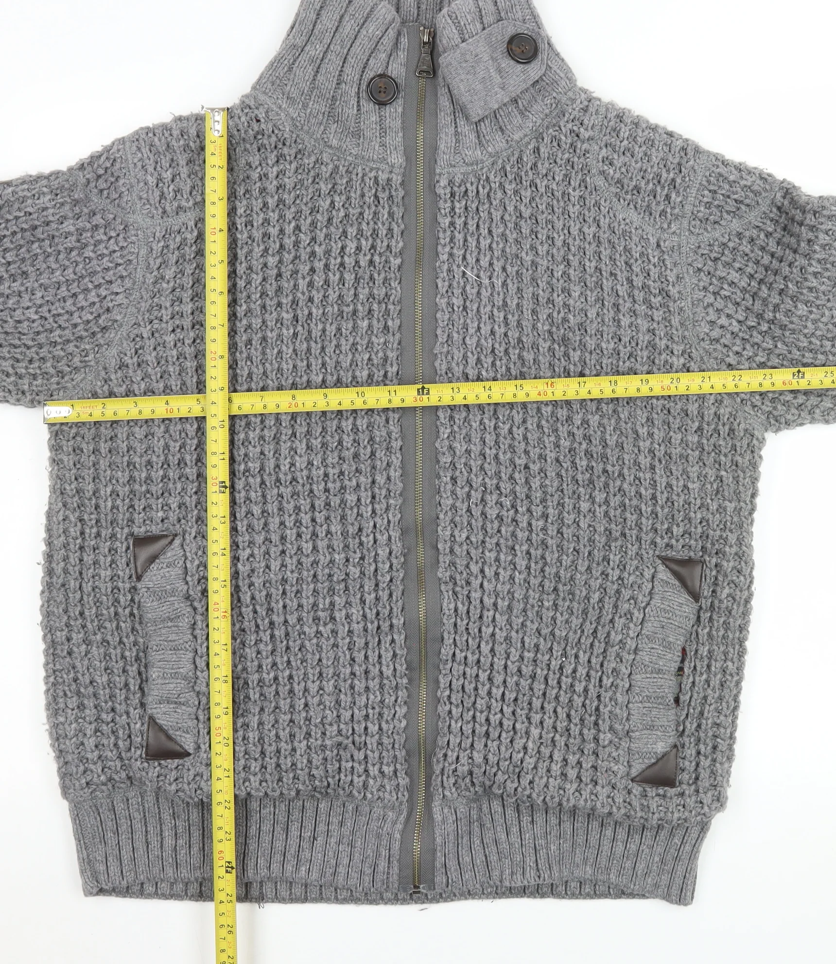 Next Men’s Grey Chunky-Knit Full Zip High Neck Jumper L - Image 2