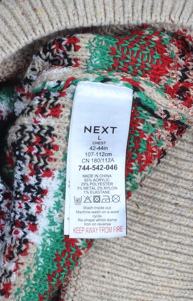Next Men's Beige Christmas Fair Isle Jumper L Regular Fit - Image 4