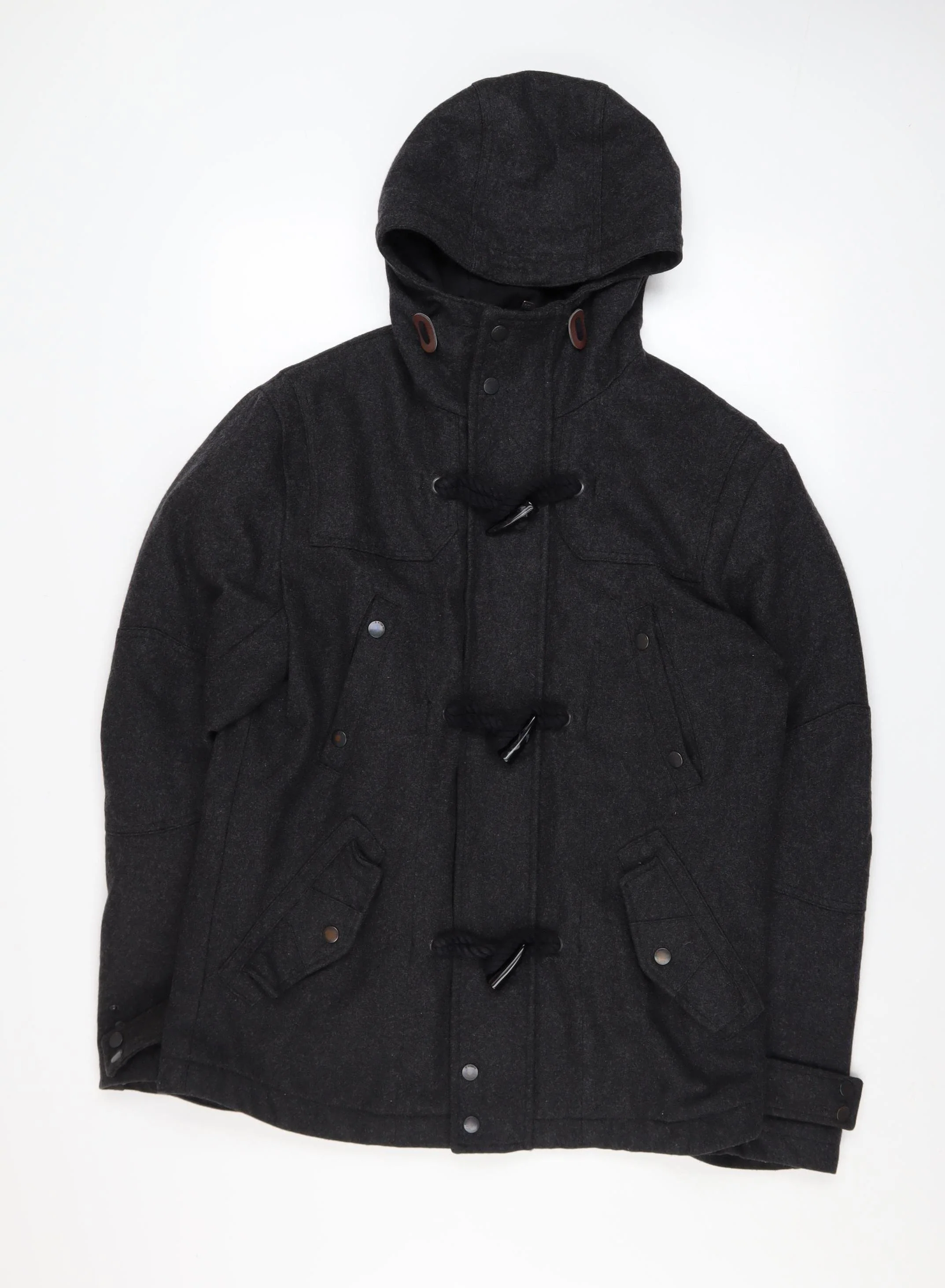 Next Men's Black Wool Blend Duffle Coat Size M Hooded Mid-Length Warm
