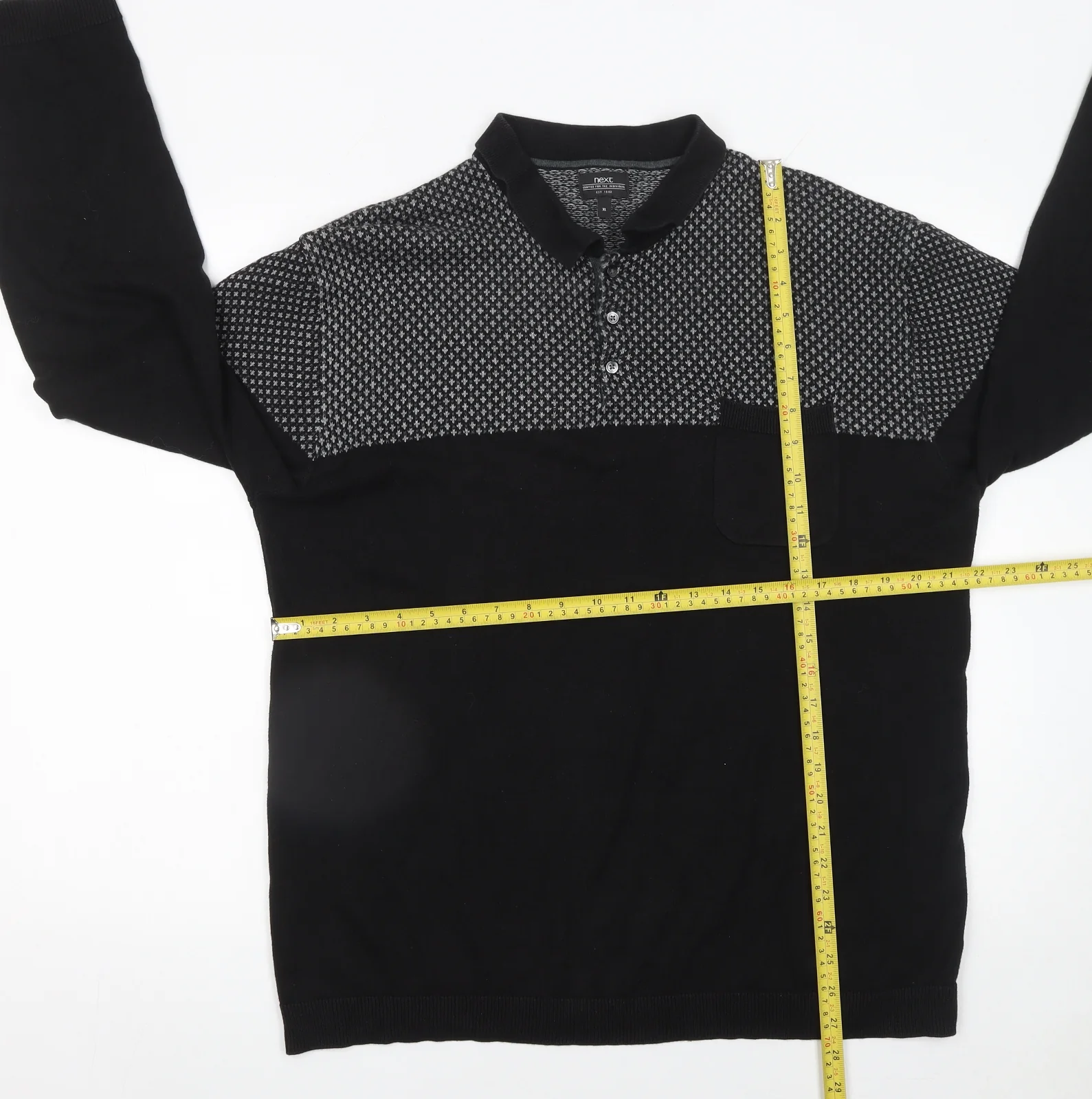 Next Men's Black XL Long Sleeve Geometric Knit Polo Shirt - Image 2