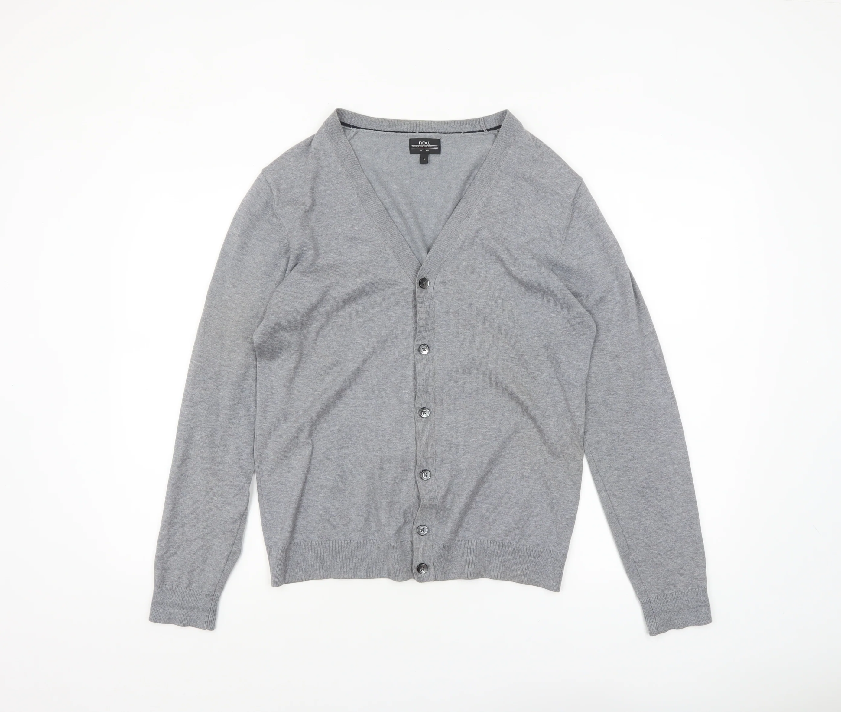 Next Men's Grey Cotton V-Neck Button Cardigan Small