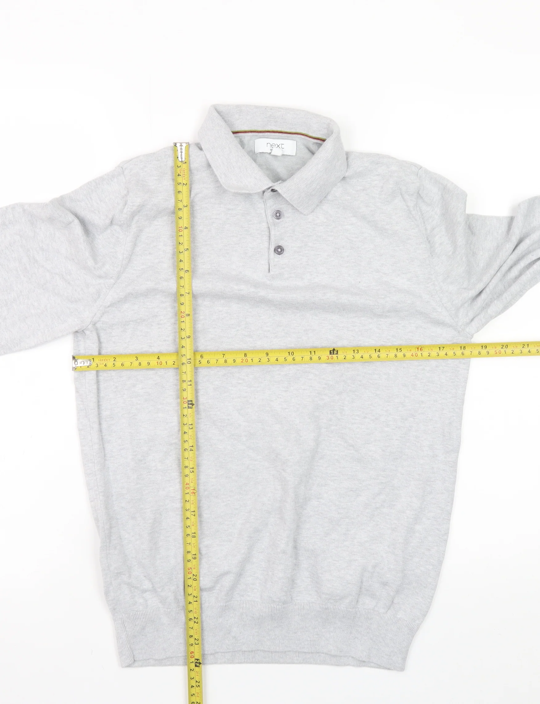 Next Mens Grey Long Sleeve Cotton Knit Polo Shirt Size M - Image 2
