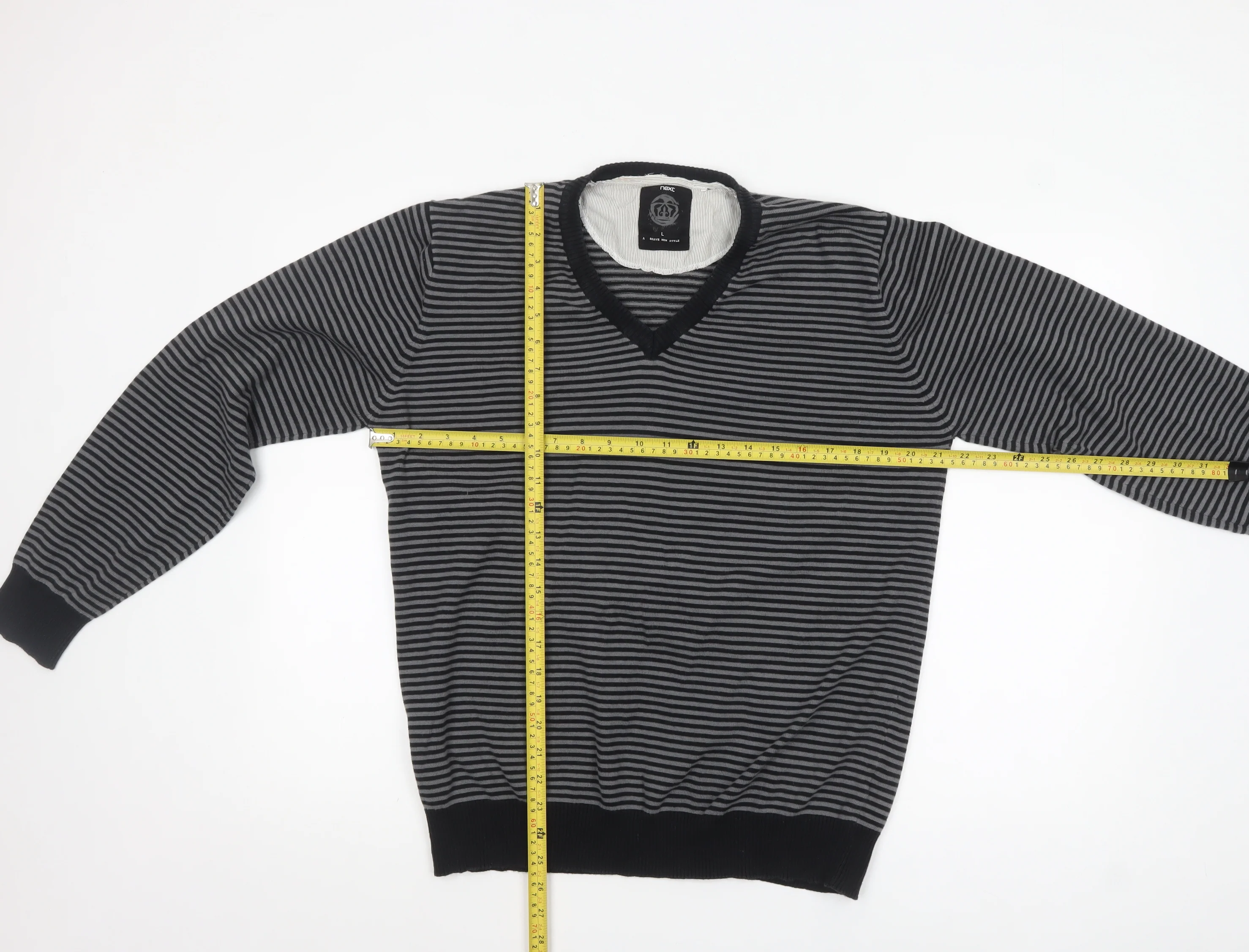 Next Mens Grey Striped V-Neck Cotton Jumper Size L - Image 2
