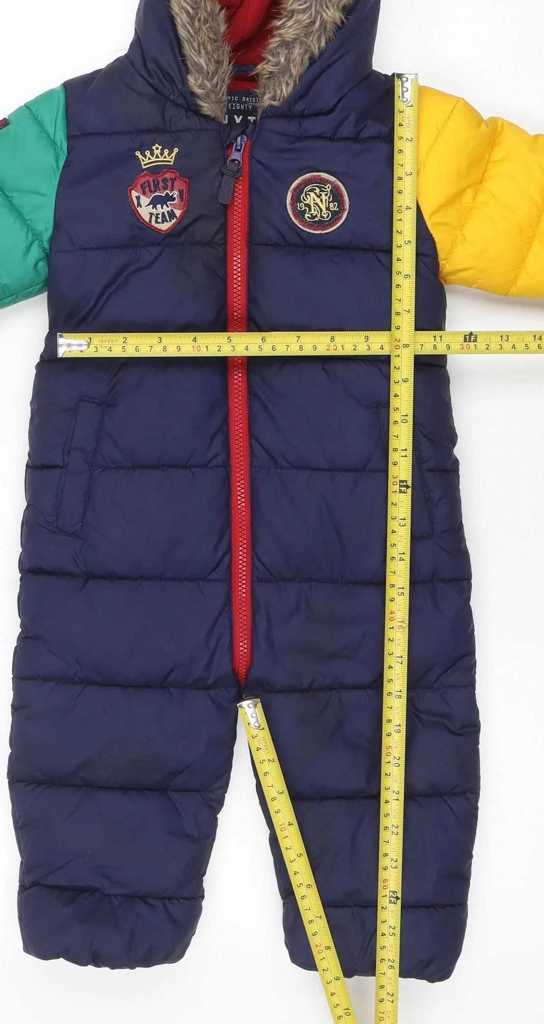 Next Unisex Baby Colourblock Navy Puffer Snowsuit 12-18 Months Hooded Fur Trim - Image 2
