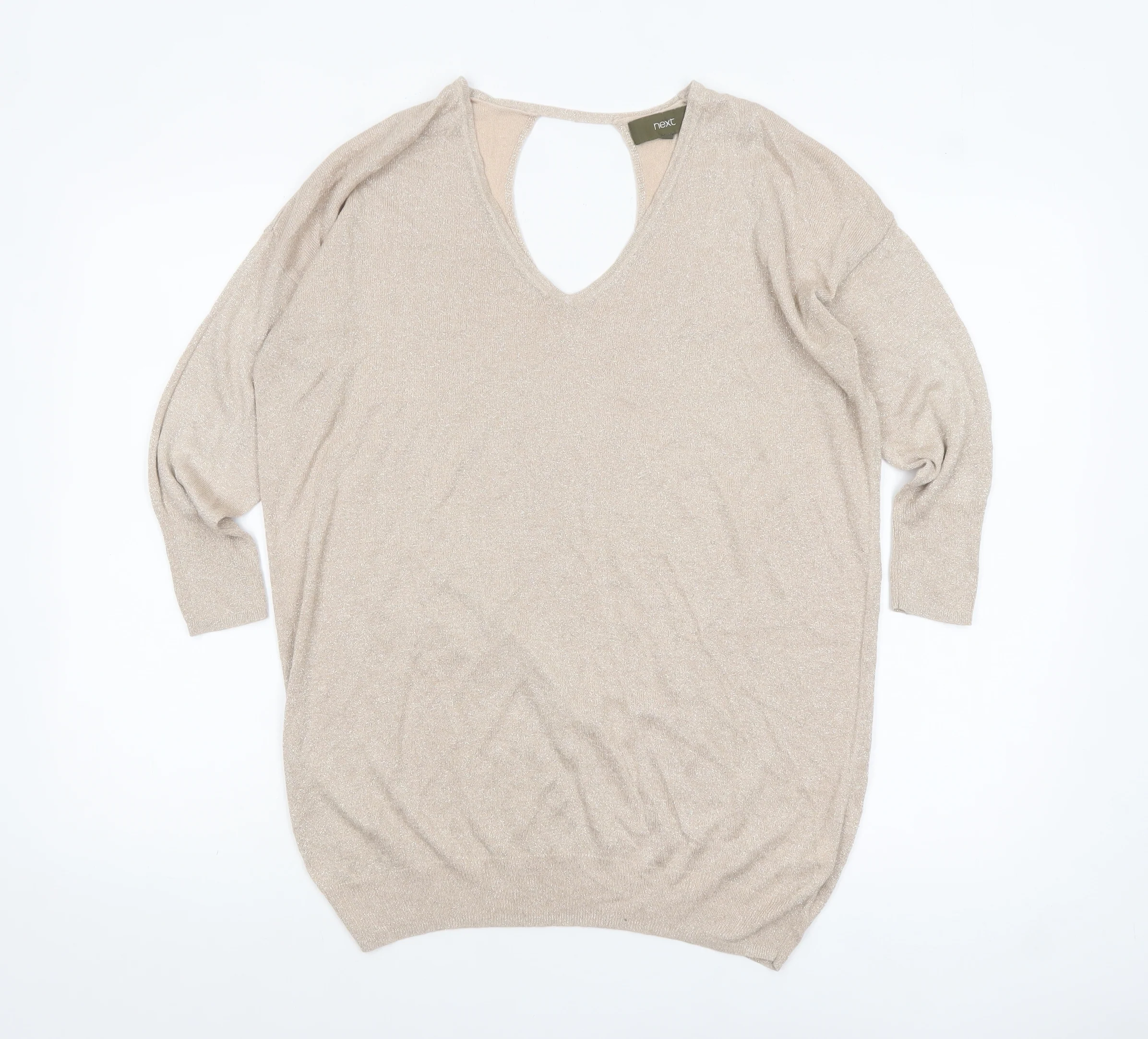 Next Women Beige Metallic V-Neck Long Sleeve Jumper Size 12